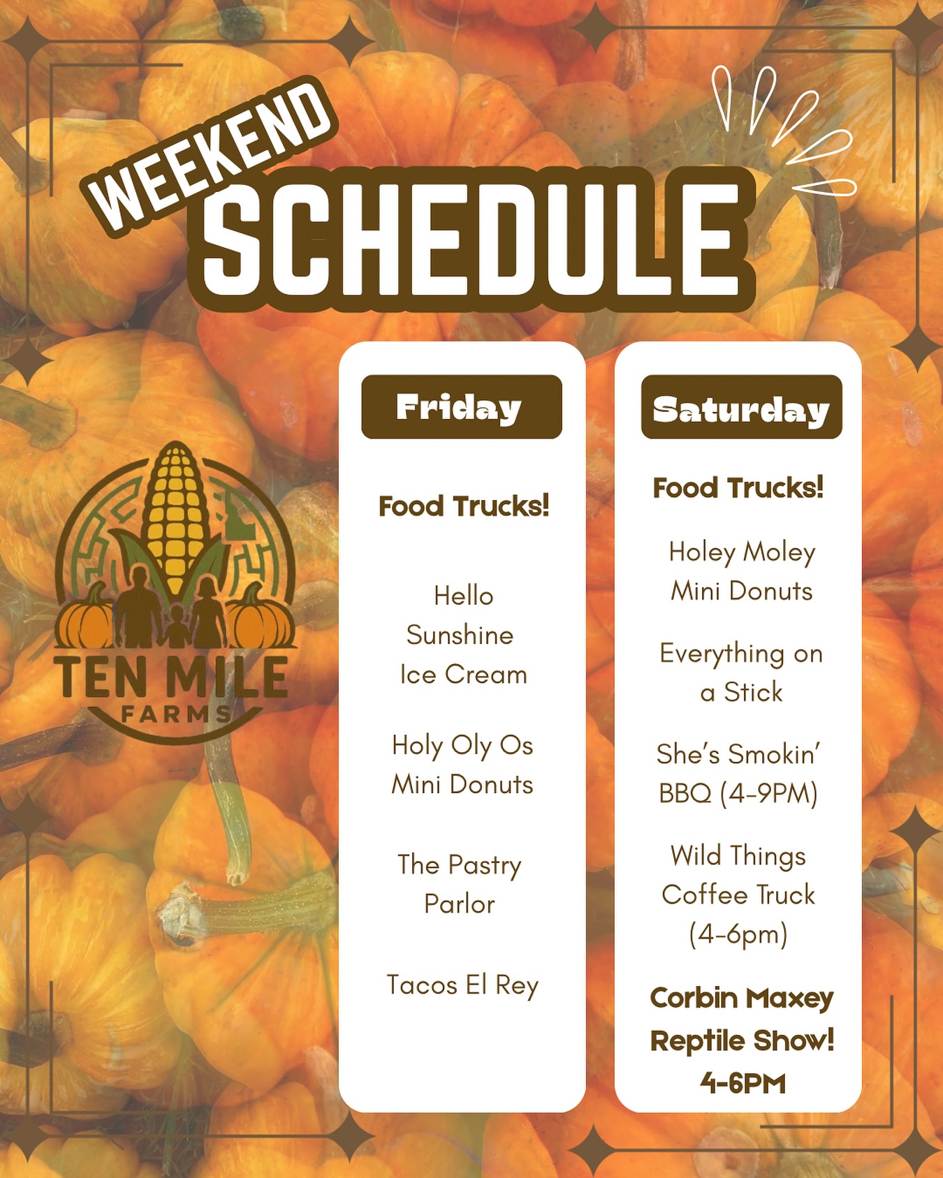 ๐ The weekend is looking delicious at Ten Mile Farms! ๐
Weโve got an awesome lineup of food trucks serving up everything from mini donuts to BBQ โ plus a wild show with animal expert Corbin Maxey on Saturday from 4โ6PM! ๐โจ
Bring the whole family, explore the corn maze, pick the perfect pumpkin, and make some fall memories with us! ๐ฝ๐
๐Ten Mile Farms | Friday & Saturday
#TenMileFarms #PumpkinPatchFun #CornMazeAdventures #FallWeekendVibes #FamilyFun #foodtruck
