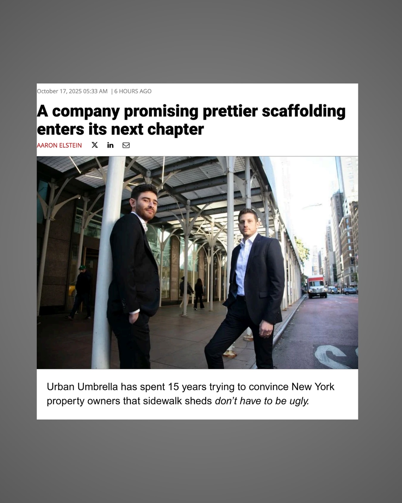 We’re honored to be featured in Crain’s New York Business, highlighting how new city regulations and design expectations are finally tipping the sidewalk shed market in Urban Umbrella’s favor.
For over 15 years, we’ve been proving that safety and aesthetics can coexist — reimagining the cityscape with canopies that bring light, life, and design to every sidewalk they touch.
As regulations evolve and standards rise, we’re proud to lead the way toward a more beautiful and safer New York.