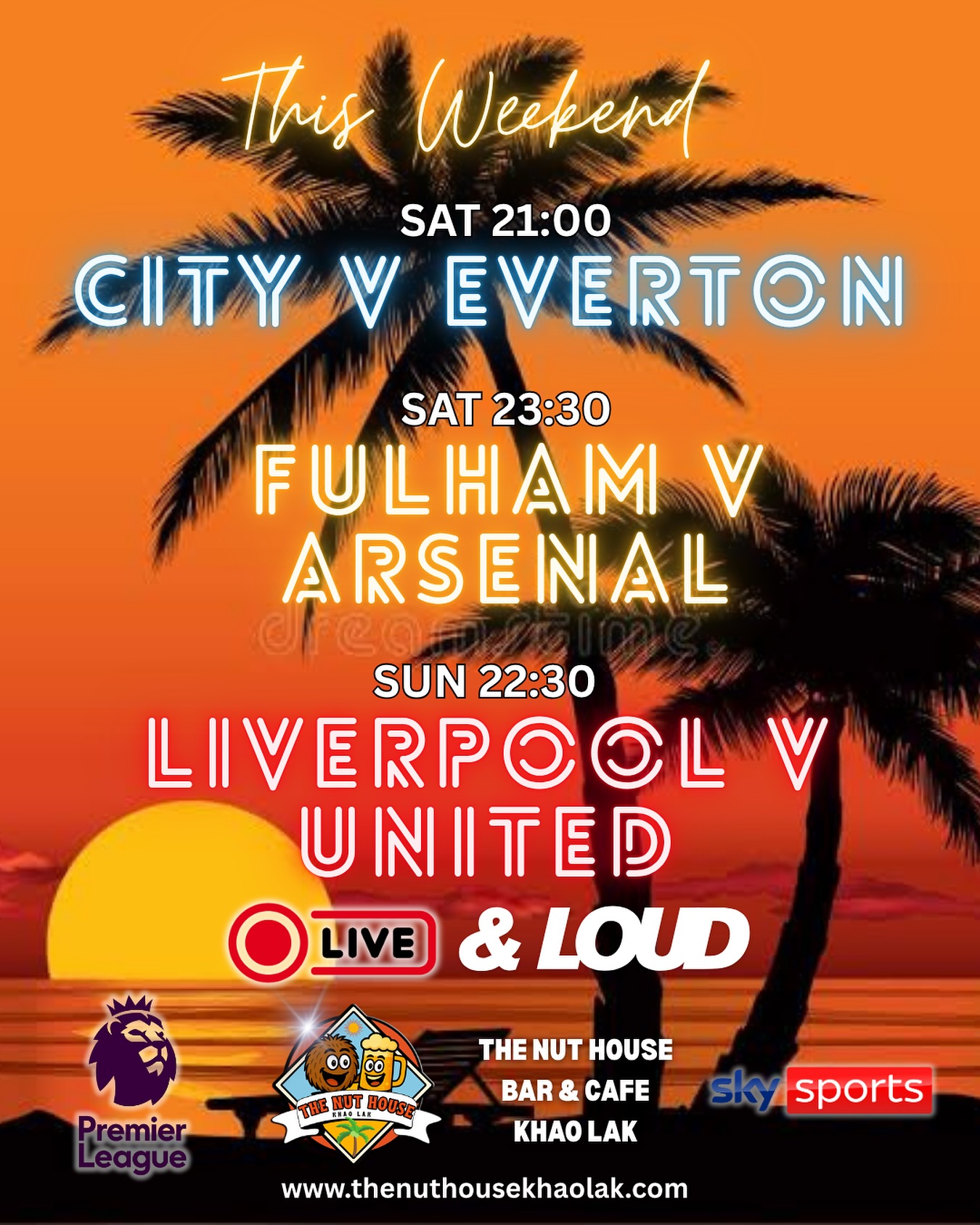 ⚽ Premier League Weekend LIVE & LOUD at The Nut House! 🍻
Three massive clashes you don’t wanna miss:
🔥City vs Everton – can the blues hold off the champs?
🔥 Liverpool vs United – the classic Mancs vs Scousers showdown!
🔥 North London Derby: Fulham vs Arsenal – bragging rights on the line!
All other fixtures available on request – just ask and we’ll put it on!
So get yourself down to The Nut House this weekend for the real action…
✅ Ice-cold beers
✅ Big screens
✅ Good laughs and great company
www.thenuthousekhaolak.com
#KhaoLakNightlife #KhaoLakSportsBar #LiveFootballThailand #PremierLeagueLive #TheNutHouseKhaoLak #BangNiang #footballfansthailand