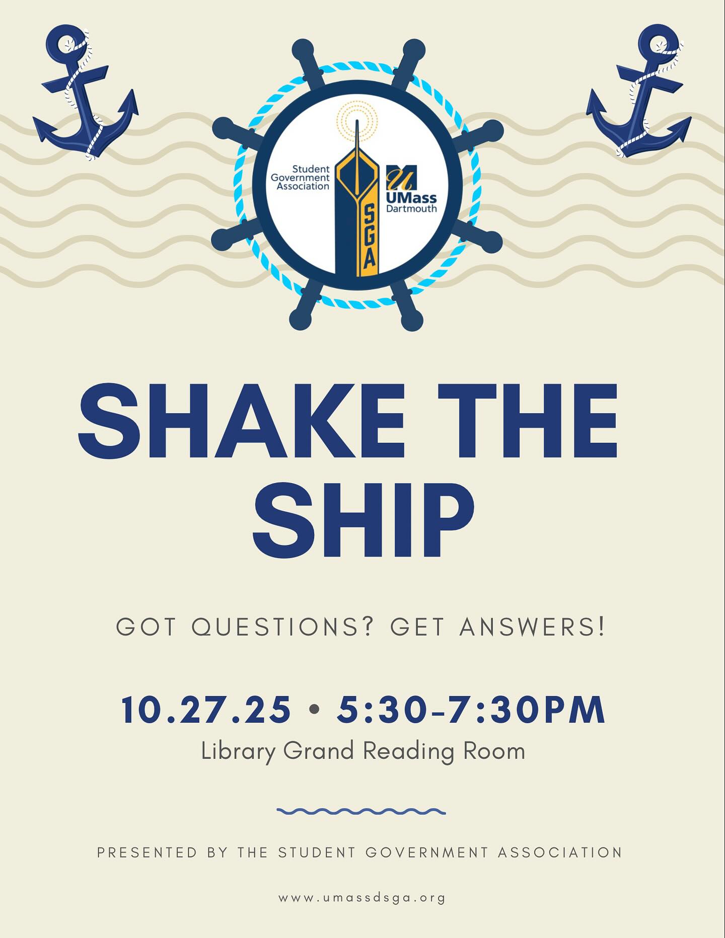 Got questions? Get answers at the Fall 2025 Shake the Ship, on October 27th from 5:30-7:30pm in the Library Grand Reading Room! As always, you will have the chance to ask questions directly to UMD administrators. The event will also feature a catered reception as well as raffle prizes (details dropping soon)!
Have a question you want to ask us? DM us or come tell a Senator or Student Body Rep while tabling in the Campus Center every weekday leading up to the event from 10-3! We look forward to seeing you there!