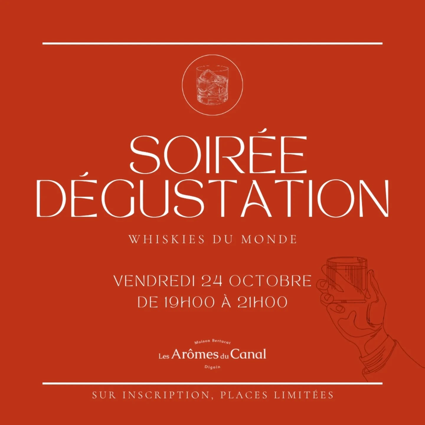 | Soirée Dégustation |
Les inscriptions pour la prochaine Soirée Dégustation sont ouvertes ! 🥃
Quand : le Vendredi 24 Octobre, de 19h00 à 21h00
Thématique : le Whisky !
Un tour du monde des whiskies à travers une sélection de 7 cuvées.
Planche de fromages & terrines en accompagnement 🧀
Où : au Canal Cowork, 4 Rue Basse à Digoin
Tarif : 30€
⚠️ Les places sont limitées.
Les inscriptions se font :
- en boutique
- par téléphone au 03 85 24 59 65
- par mail contact@lesaromesducanal.com
À l'occasion de la soirée, vous bénéficierez de 10% de remise sur les cuvées proposées à la dégustation.
N'hésitez pas si vous avez des questions 😊
#degustation #soireedegustation #whisky #caviste #digoin #saoneetloire #route71 #saoneetloiretourisme