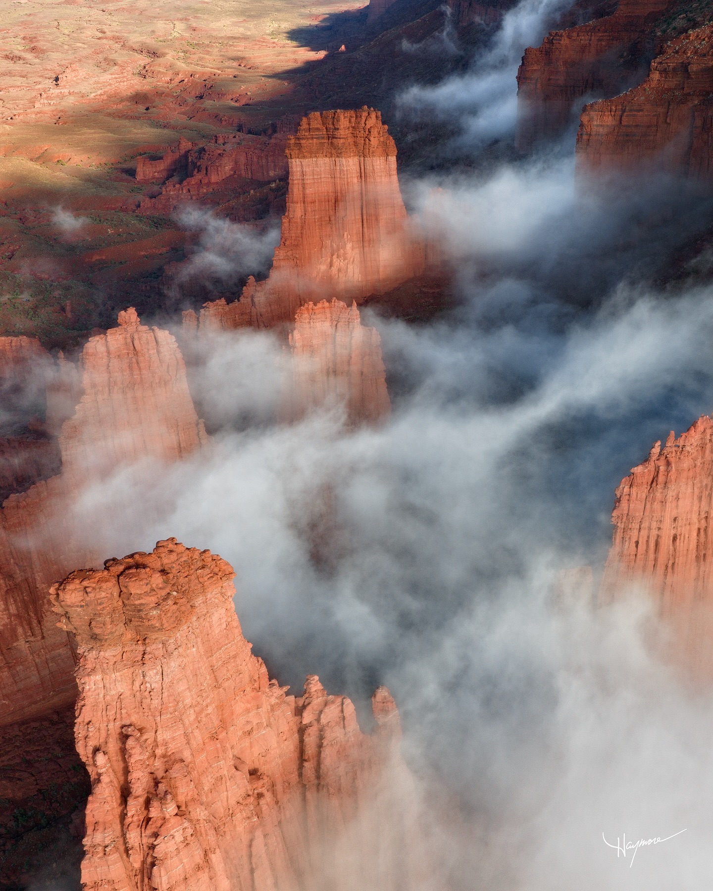 Could have been a very spooky morning with low clouds circling about had it been Halloween that day. Thankfully, it was more inspiring to see aspiring rock climbers conquering these enormous spires and castle-like towers.
