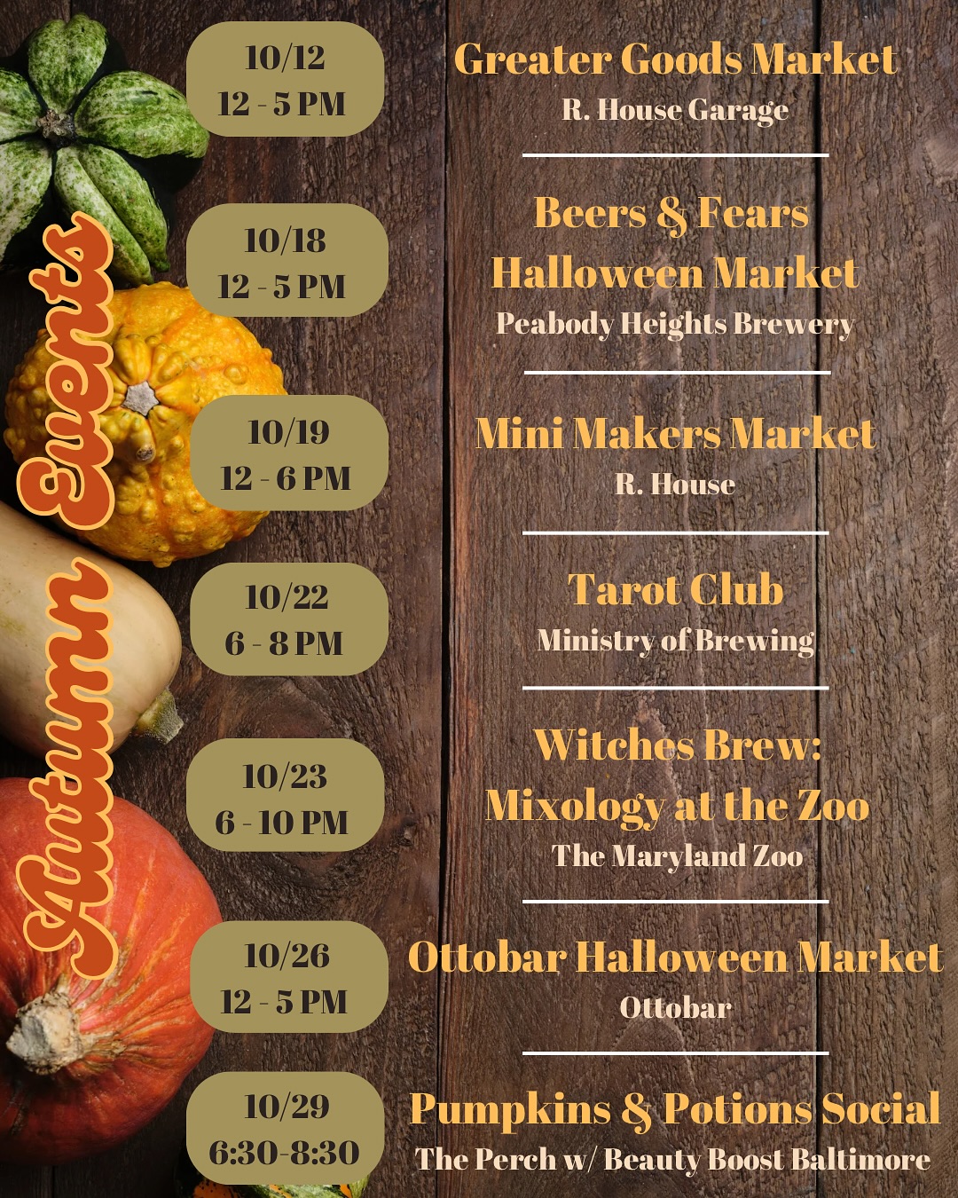 So many exciting events still to come this October!
I’ll be offering private Tarot readings at all events except Tarot Club (where you get to be the reader!) Book ahead to skip waiting for a reading at the offerings tab on my website✨🔮
✨Readings are included with your ticket to Witches Brew at the Zoo✨
New addition to the schedule- I’ll be back at Ottobar Halloween Market again this year!