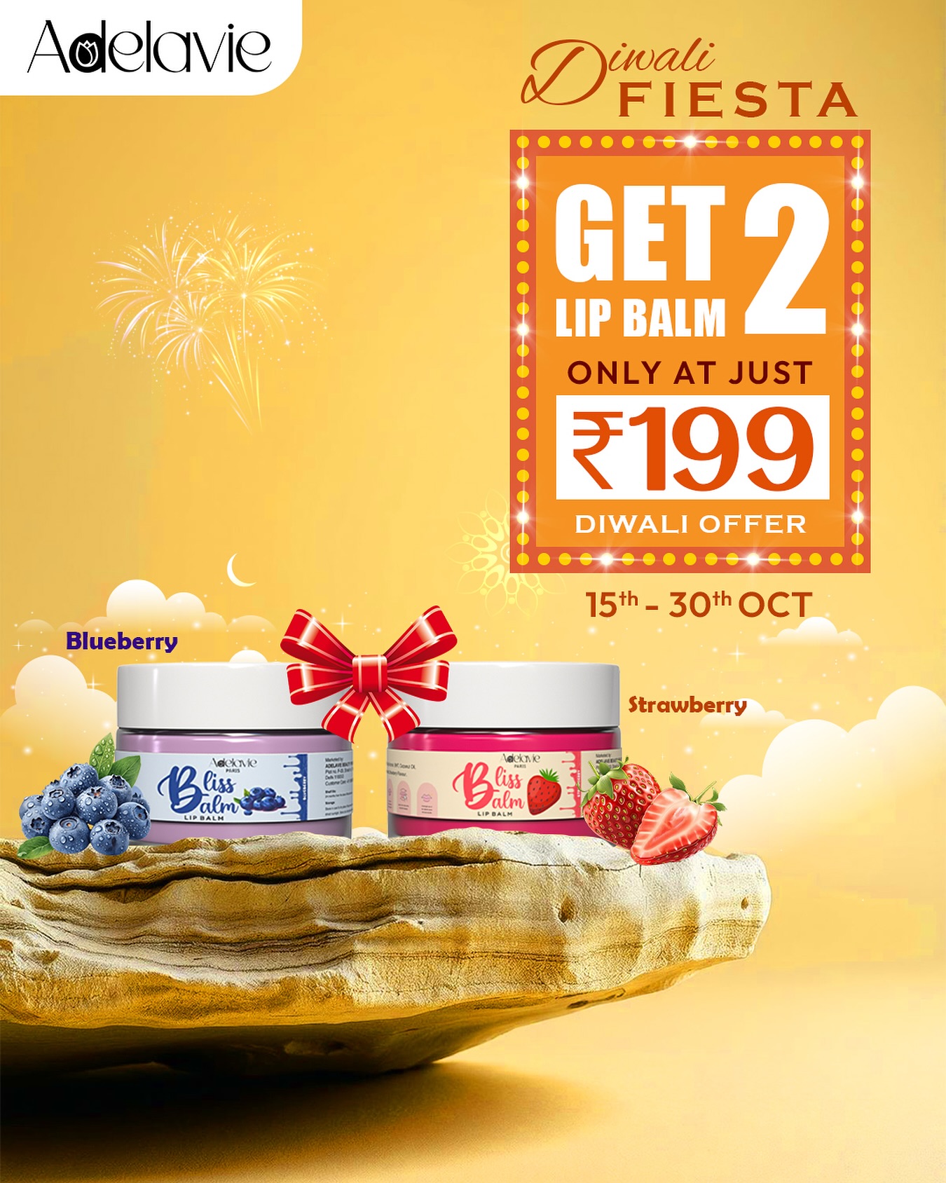 Double the Bliss this Diwali!
Celebrate the Adelavie Diwali Fiesta — grab 2 Bliss Lip Balms for just ₹199
Available in delicious Blueberry & Strawberry flavors! 🍇🍓
Offer valid from 15th–30th Oct — don’t miss the glow!
#adelavie #adelaviebeauty #lipbalm #diwalioffer #diwali