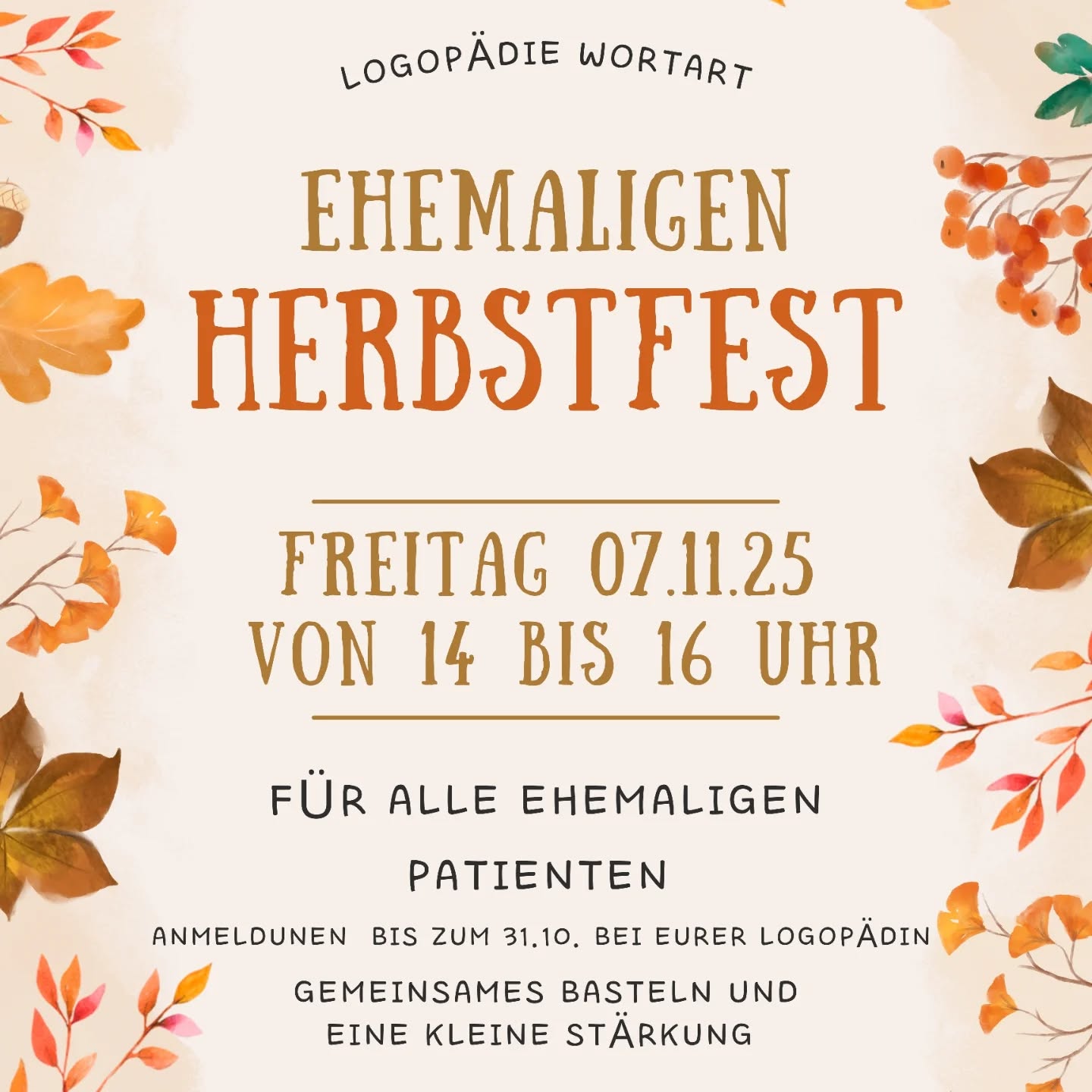 Am 7.11.25 findet unser Ehemaligen Herbstfest statt. Anmeldung sind noch bis zum 31.10. möglich :) wir freuen uns auf euch :)