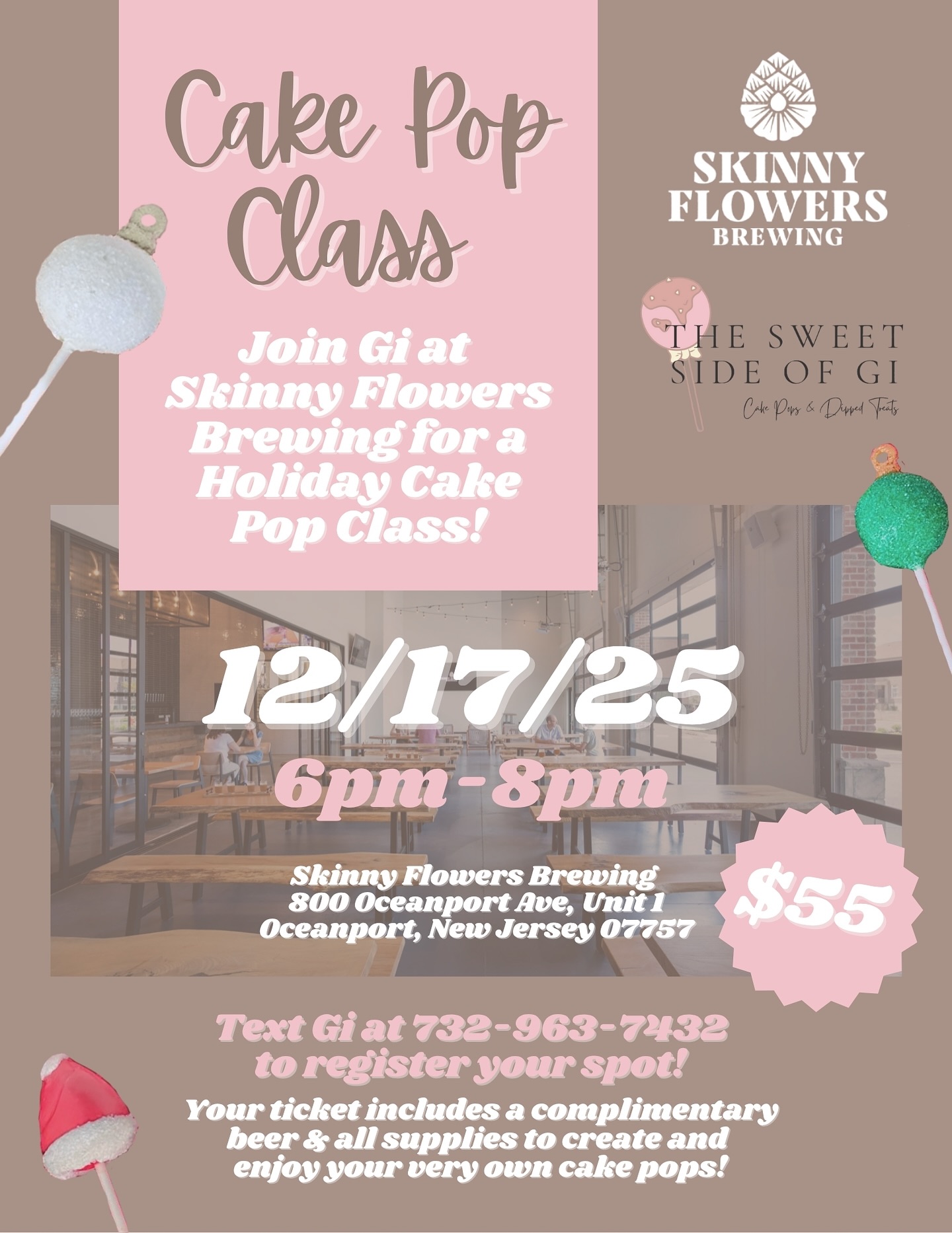 A SWEET ANNOUNCEMENT! 📣🩷 I am SO excited to announce I will be hosting a Holiday Cake Pop Class at @skinnyflowersbrewing on December 17th 6pm-8pm. Grab your friends and register with me! Learn how to make your very own cake pops to create & enjoy! 🧁🍭 Limited spots available.
•
#class #newjerseyevents #breweryevent #njbrewery #cakepopclass #eventsnearme #monmouthcountyevent #monmouthcounty #share #thingstodonj
