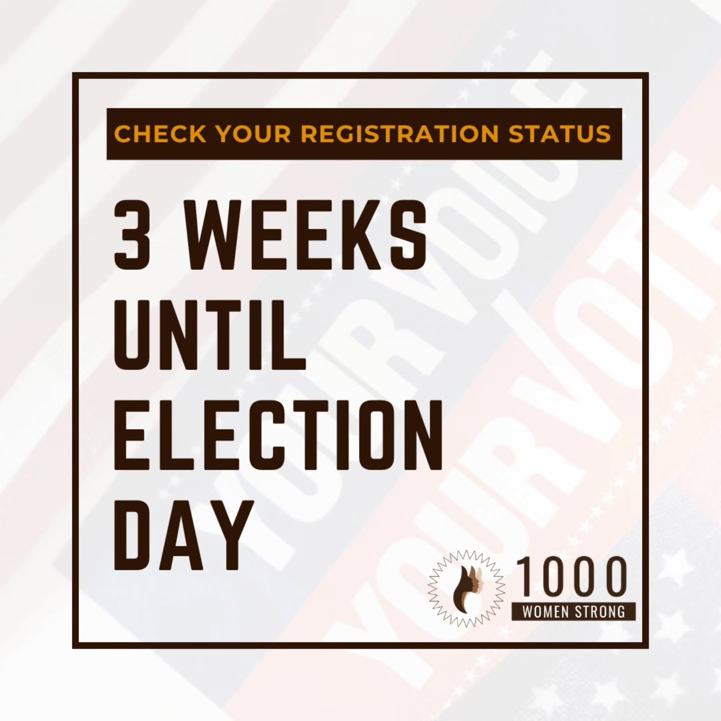 3 week from now, we have the opportunity to create a whole new landscape across the country. Join us in being a part of the movement upward and forward
Election Day is Tuesday, November 4th.
Check your ballot.
Check your registration.
Check your community for ways to support.
Let's do this together.
#1KWS #DemocracyDefenders #WeAreWhereBlackWomenAre #ElectionDay2025
Image description:
The phrase "3 weeks until Election Day" is typed in brown letters across a white background with "check your registration status" above it in a brown box with gold letters.