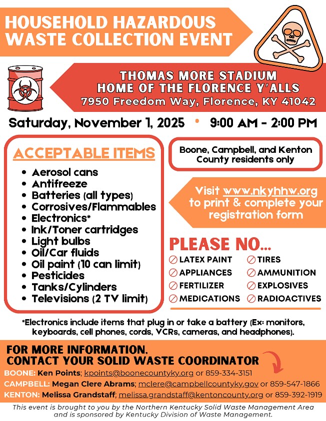 Join us on Saturday, November 1 for the Household Hazardous Waste Collection Event - brought to you by the Northern Kentucky Solid Waste Management Area and sponsored by the Kentucky Division of Waste Management - as either a participant or a volunteer!! Start saving those batteries, chemicals, and electronics NOW to be properly disposed of later!! The registration form is in our bio.