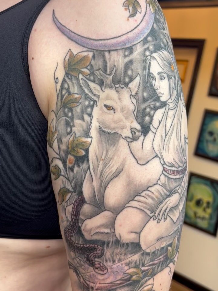 Finally finished up this custom Artemis and stag piece for a really rad client! Thanks for the continued trust, and letting me bring your idea to life. Can’t wait for the next one! Swipe for some still angles and close up shots. 🦌🏹🐍 #tattoo #artemis #stag #snake #illustrative #illustrativetattoo #mythology #animal #blackandgrey #queer #queertattooartist