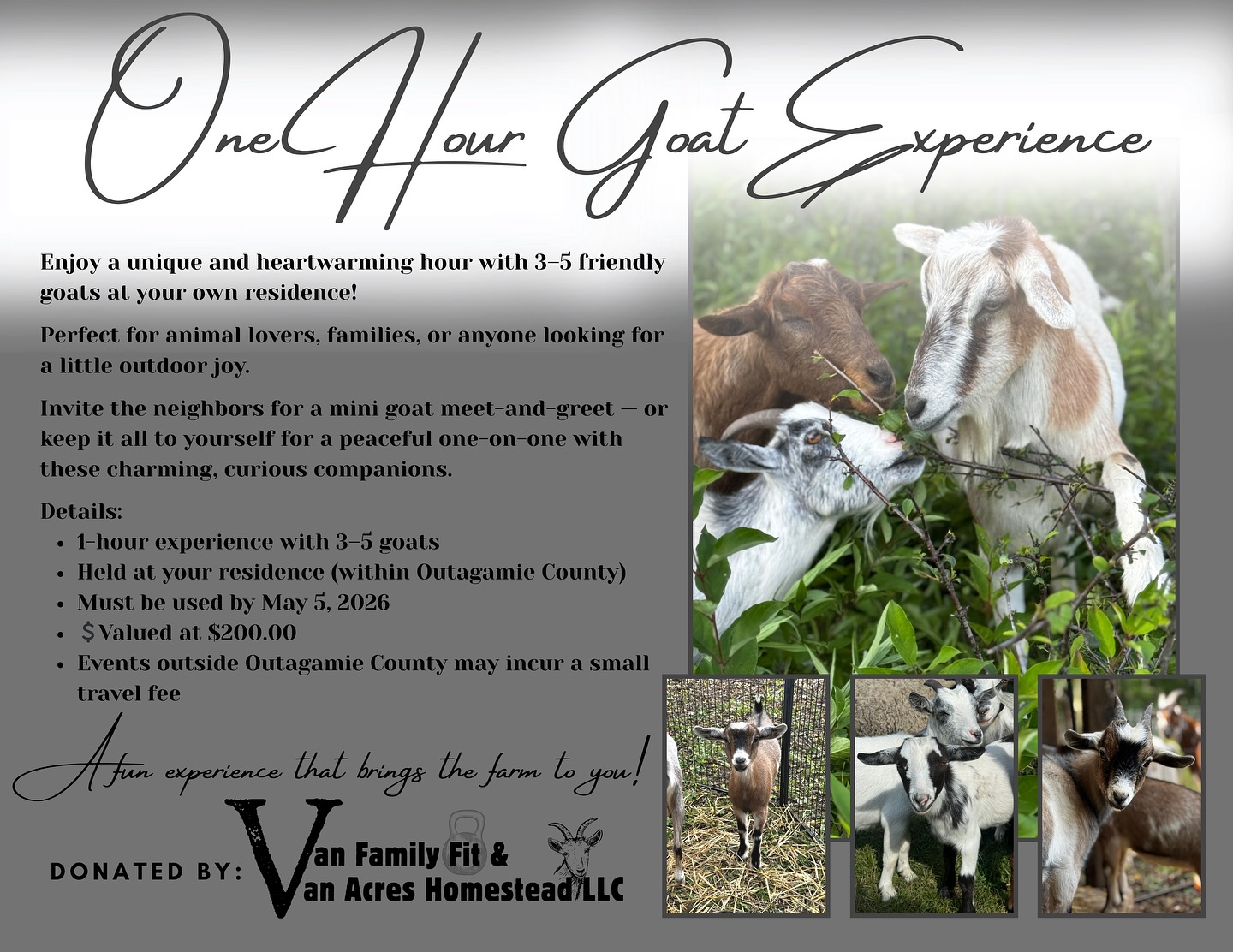 We are excited to be able to donate a 1-hr goat experience for the annual St. Edward Harvest Moon Festival fundraiser.  Make sure you save the date October 25th, doors open at 5pm at St. Nicholas in Freedom.