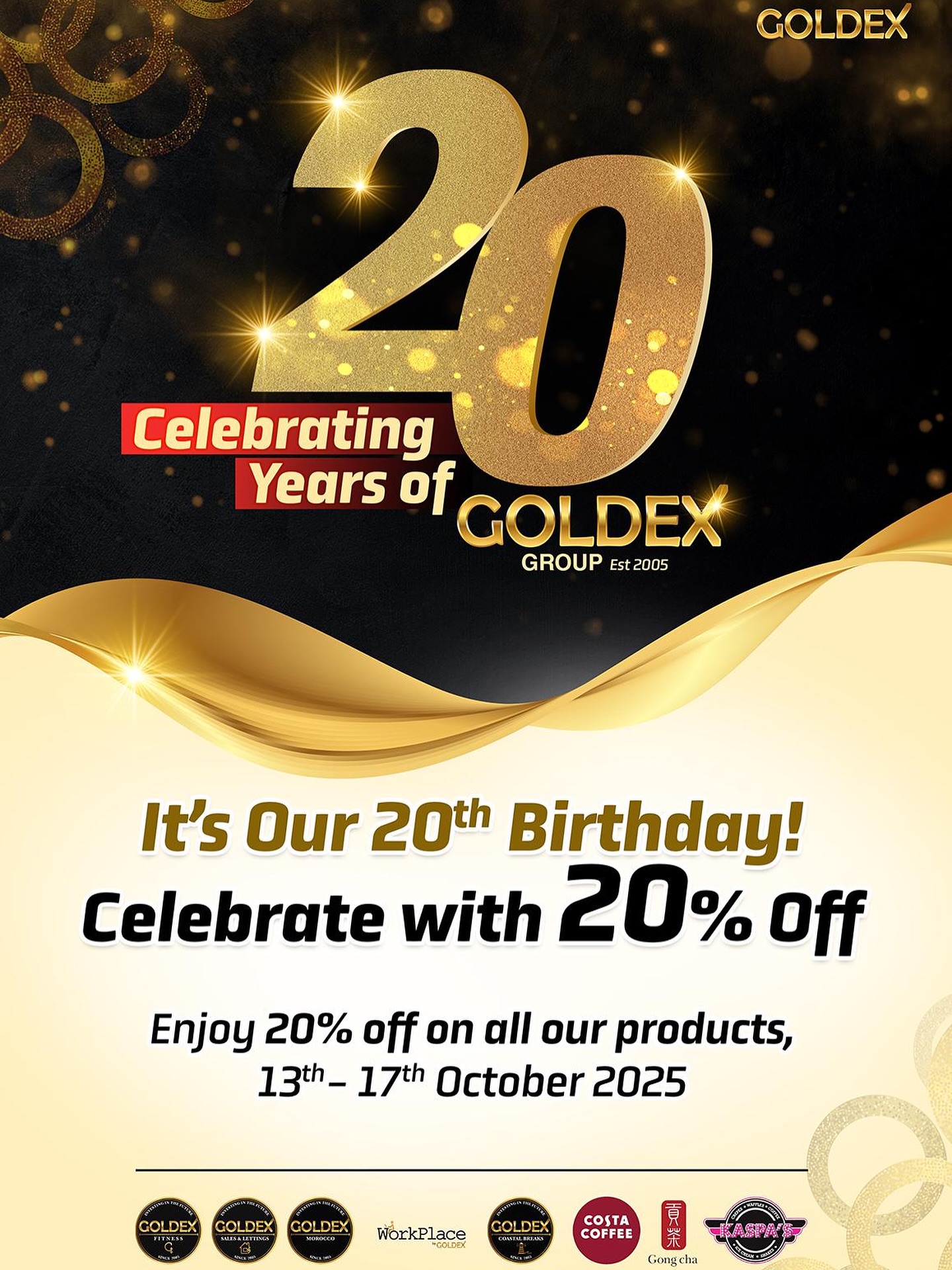 20 Years of Gratitude! ๐
Weโre celebrating two decades of amazing people like you with 20% off in all our stores โ including Costa Coffee, Kaspas, Gong Cha, and more. Thank you for being part of our journey! ๐ #20YearsStrong