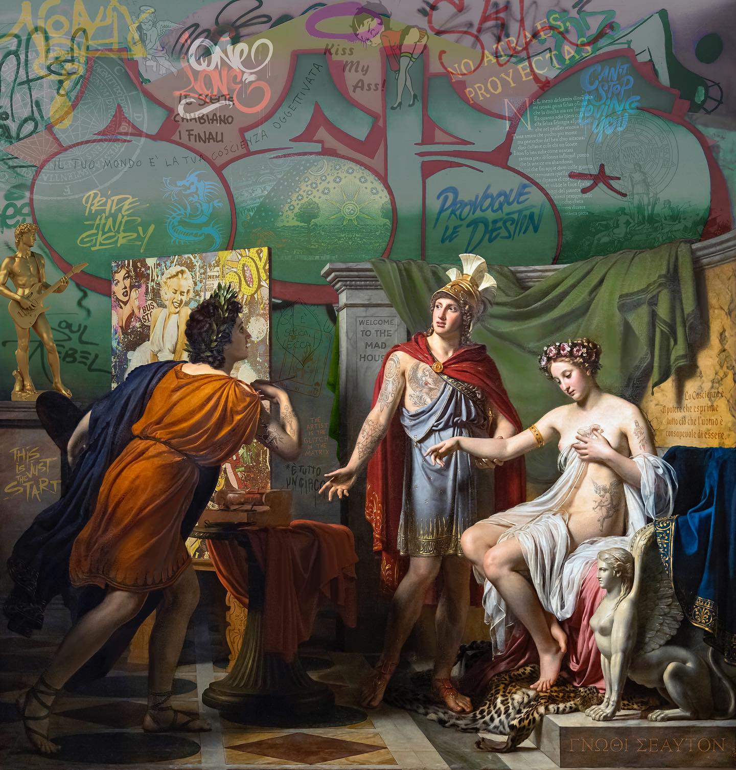 NEL MEZZO DEL CAMMIN DI NOSTRA VITA by Marco Battaglini
A dialogue between past and present, chaos and creation.
In this work, classical beauty meets urban rebellion, where divine myths confront the graffiti of our modern souls. It’s a reflection on identity, desire, and the eternal search for meaning in a world that keeps rewriting its own story.
Every symbol whispers a question: When was the last time you truly looked at yourself and recognized who you are becoming?
#ArtWithoutBoundaries #MarcoBattaglini #contemporaryclassic