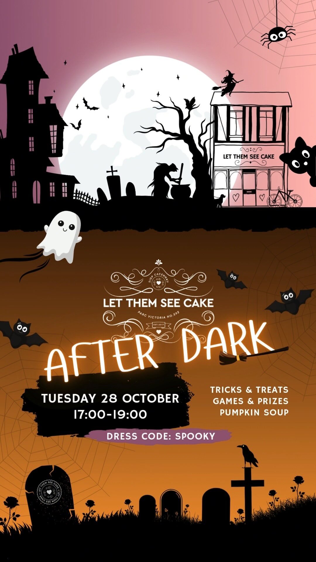 Have you made halloween plans yet for half term?
On Tuesday 28th October, we will be opening up shop after dark to celebrate spooky season in style at the family halloween event of the year 👻
Dust off your broomstick, gather your friends and family and join us from 17:00-19:00 at Let Them See Cake for an evening of special tricks, treats, games & prizes 🎃
No need to book, just turn up 😊
#letthemseecake #halloween2025 #halloweenevent #autumnhalfterm #halftermhalloween