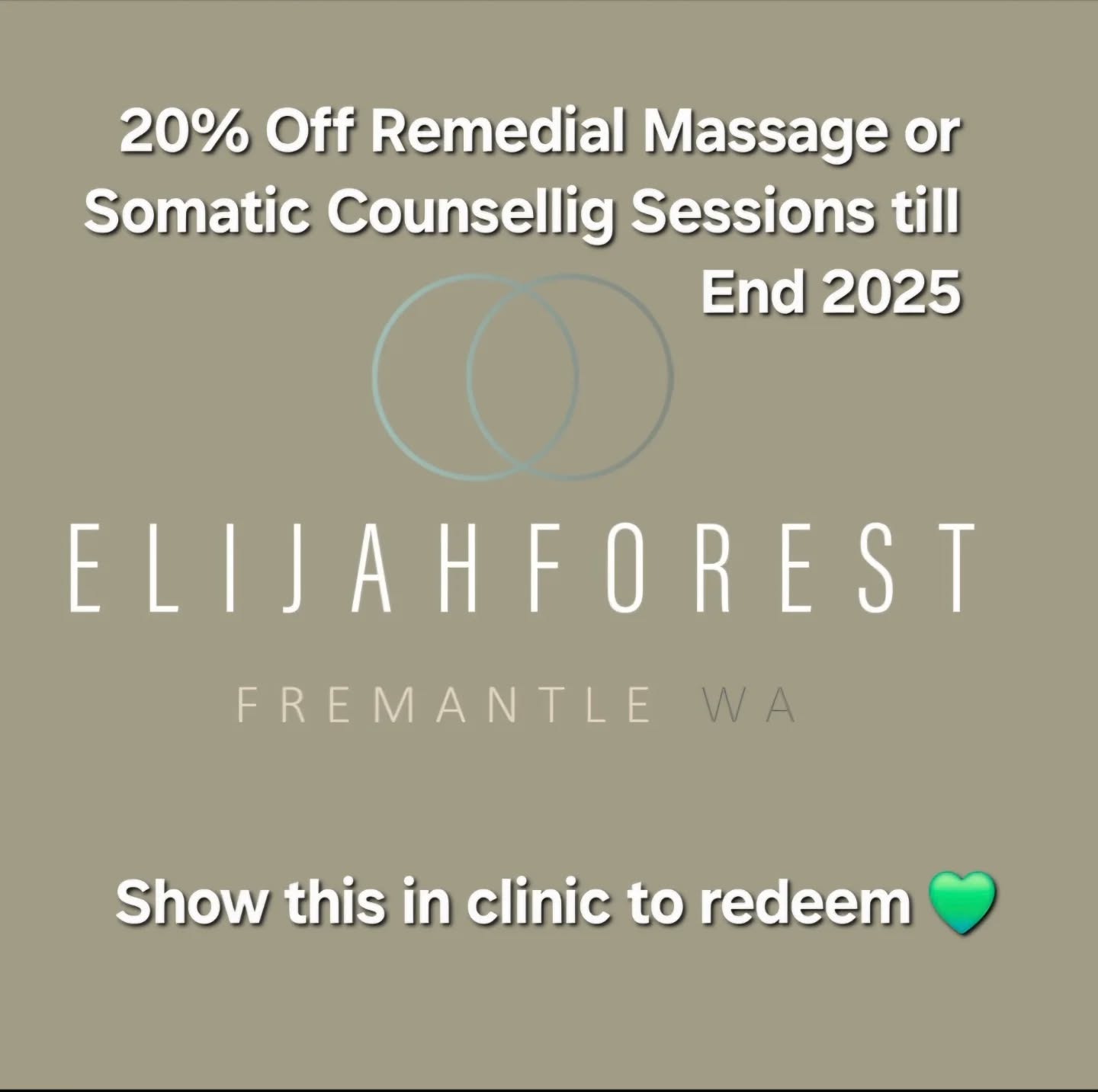Elijah Forest Therapy space on 38 George Street, East Fremantle, is offering Remedial massage sessions with rebates for members of private health funds.
A special limited time offer (Ends 31 Dec' 2025) is now on - 20% discount applies to all Remedial massage sessions and bodywork.
Elijah Forest Therapy offers results-based massage fusion of remedial, Thai and Swedish with supporting oil applications like magnesium and gold seed hemp for performance and recovery.
Visit www.somaticforest.com to learn about Elijah's offering in the scope of massage therapy and somatic counselling and to download a new clinet Health History form.
The clinic space is nestled within Nourish Me Wholefoods Cafe and Shop where you can allow yourself to immerse in goodness and feel into tranquillity.
Book a body-mind-spirit nourishing session today. 🌼🌿