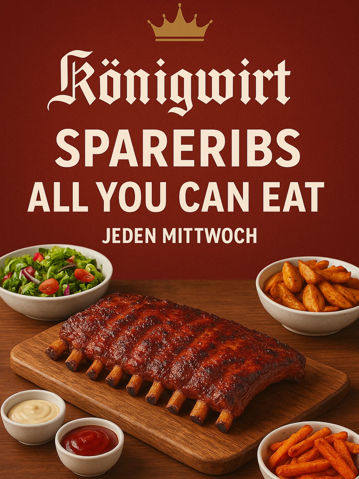 🔥 Spare Ribs All You Can Eat! 🔥
Jeden Mittwoch – nur mit Reservierung!
Starte dein BBQ-Erlebnis mit einer kleinen Vorspeisen Überraschung warm oder kalt nach Wahl:
🥣 warme oder 🥗 kalte Vorspeise
Unsere zarten Spareribs, glaciert in einer smoky honey BBQ Sauce, werden mit dreierlei hausgemachten Dips serviert – ein Genuss für echte Fleischliebhaber!
Beilagen-Auswahl:
🍠 Sweet Potato Fries
🍟 Pommes
🥔 Kartoffel Wedges
🥬 Cole Slaw
🌽 Gegrillter Maiskolben
👉 Jetzt Tisch reservieren und den Mittwoch zum BBQ-Highlight machen!
#Königswirt #SpareRibs #AllYouCanEat #BBQNight #Foodlover #MittwochIstRibsTag