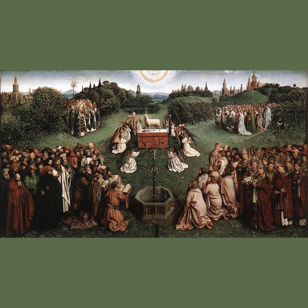 I think this painting fits beautifully with remembering all the saints and souls who have gone before us. It is a sneak peek of our mission and goal in life - to adore the mystic lamb. Who is this Mystic Lamb? None other than Christ, who offered Himself on the altar of the cross to be sacrificed for our salvation. Seeing Jesus as an actual lamb on the altar brings to mind all the Old Testament slaughters, the parable of the ninety-nine sheep to find the lost one, all the shepherd references and parables, and the lion and the lamb.
Everywhere in Scripture it begs us to see the importance of this image of the lamb and equating it to be fulfilled in Jesus Christ. He is triumphant on the altar, not scared or hurt. He is the perfect lamb and the perfect offering, accepting His role in salvation history and willing going to be sacrificed. He died so that we could be united with Him in heaven. Surrounding Him are the angels and saints and souls who wish to give Him the praise and adoration that He is due and that they desire to give. God is a generous giver to us and we must desire to generously give to Him if we are to be in true, right relationship with Him.
•
Image: Adoration of the Mystic Lamb (part of the Ghent Altarpiece), Jan van Eyck, 1430-32. Saint Bavo’s Cathedral, Ghent, Belgium.
•
•
#beauty #sacredart #art #adportacaeli #catholic #catholiclifestyle #prayer #faith #truegoodandbeautiful #catholicart #catholicconvert #arthistory #religious #adorationofthelamb #ghentaltarpiece #ghent #altarpiece #janvaneyck #jan #vaneyck #belgium #bayoscathedral