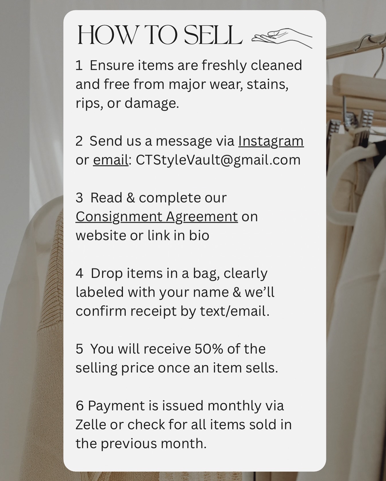 Questions on how to consign? We got you 👊🏻
Have great quality pieces or gently loved styles you’re ready to part with? We’ll sell them for you - effortlessly. Join the Vault today. 🗝️
» DM us to consign.
Consignor Agreement in bio.
#ConsignmentStyle #CTStyleVault #Darien