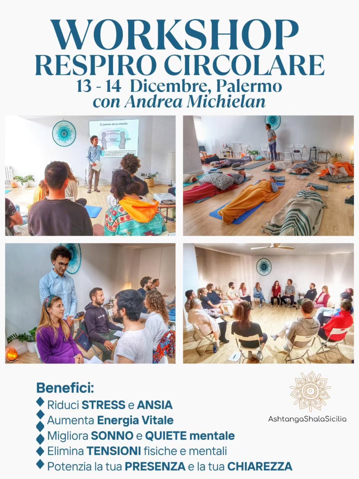 ✨ RESPIRO CIRCOLARE – Liberare, Trasformare, Rinascere ✨ diretto dal Dr. Andrea Michielan @andrea.michielan
Il Respiro Circolare è una tecnica tanto semplice quanto potente per accrescere la consapevolezza di chi siamo e liberare la nostra energia vitale.
Un respiro profondo, consapevole, che trasforma il corpo rendendolo più libero ed elastico, e la mente più calma, chiara e luminosa. 🌬️
💫 Benefici principali:
🎯 Purifica corpo e mente
🎯 Ristabilisce equilibrio interiore
🎯 Rilascia ansia e stress
🎯 Rigenera l’energia vitale
🎯 Migliora la qualità del sonno
🎯 Accresce lucidità, determinazione e coraggio
🧘♀️ WORKSHOP DI RESPIRO CIRCOLARE
Due intense giornate (9:00 – 18:30) per esplorare il potere del respiro attraverso:
🌿 4 sedute di Respiro Circolare
📖 Lezioni teoriche su metafisica e neuroscienza del respiro
💞 Esercizi di consapevolezza e relazioni di alta qualità
🗒️ Manuale di studio e diario personale inclusi
🍃 Pausa pranzo di 1 ora (possibilità di pranzare in sede con pranzo al sacco).
📅 Quando: 14-15 dicembre
📍 Ashtanga Shala Sicilia - Via della libertà 56 - Palermo
👉 Early Bird €247
👉 Prezzo pieno €297
Partecipare a entrambe le giornate permette di moltiplicare in modo sinergico i benefici e la profondità dell’esperienza. 🌈
🔹 1° Giorno: La Metafisica e la Neuroscienza del Respiro
Scopri come il modo in cui inspiri ed espiri influenza profondamente la tua vita, le tue emozioni e le tue relazioni.
🔹 2° Giorno: Le Relazioni di Alta Qualità
Impara le abilità per costruire connessioni autentiche, serene e nutrienti — e trasformare la qualità della tua vita relazionale. 💞
✨ Respira. Senti. Trasforma. ✨
📲 PRENOTA IL TUO POSTO ORA!
👉 Info e iscrizioni su
https://www.ashtangashalasicilia.com/event-details/workshop-respiro-circolare-con-andrea-michielan
📞 Oppure chiama +393358716785
#respiroconsapevole #respirocircolare #consapevolezza #workshop #crescitapersonale #trasformazione #benessere #yogaitalia #mindfulness #respira