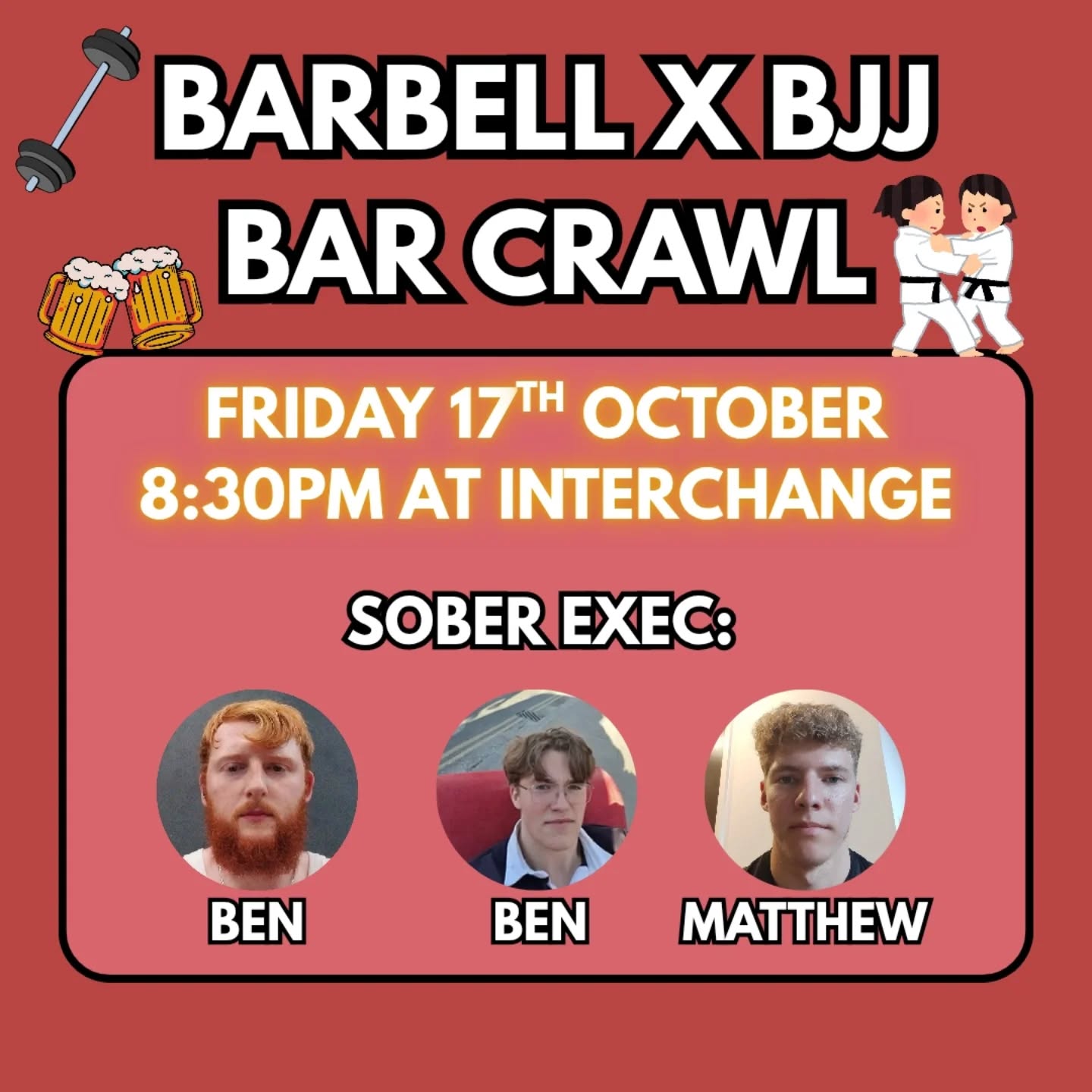🍻 BARBELL X BJJ BAR CRAWL 🍻
TOMORROW we are meeting up with @warwickjudobjj for another bar crawl in Leamington Spa! Once they finish training we will meet them at the bus interchange at 8:30pm and head over to Leam.
As usual we have some sober exec that you can come to talk to if you feel too overwhelmed or something isn't right.
MAKE SURE you fill in the form found on our story and the WhatsApp announcements page‼️