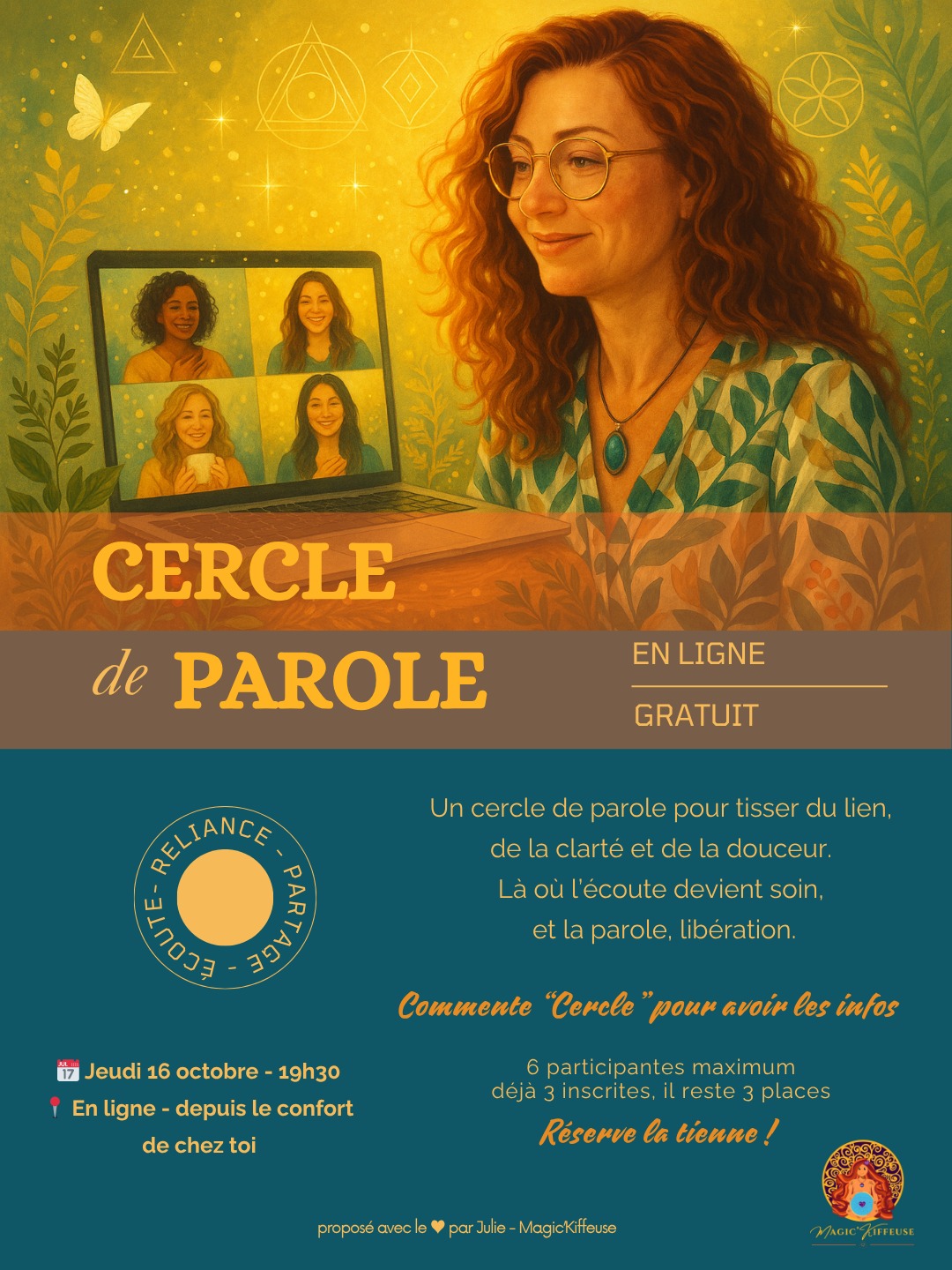Dans le tourbillon du quotidien, on court souvent sans s’arrêter.
Et on oublie parfois de s’écouter vraiment…
Ce jeudi 16 octobre à 19h30, je t’invite à un Cercle de Parole en ligne – gratuit, un rendez-vous pour te recentrer et retrouver ton essentiel 🌿
Un espace rare pour déposer ce qui pèse, partager ce qui vibre, et te relier à d’autres femmes sensibles qui, comme toi, cherchent plus de sens, de douceur et d’authenticité.
✨ Pourquoi participer ?
🌸 Pour vivre un espace d’écoute et de partage, sans jugement ni conseil.
💫 Pour sentir la force du collectif, même à distance.
🌙 Pour revenir à toi, à ton rythme intérieur, et retrouver plus de clarté et de légèreté.
Chaque voix compte.
On parle à tour de rôle, on s’écoute, on respire ensemble.
Ce n’est pas un débat, ni une thérapie, mais une expérience de reliance simple et profonde.
💻 Format en ligne – durée environ 1h
👥 6 participantes maximum – déjà 3 inscrites, il reste 3 places
💝 Offert
👉 Réserve ta place dès maintenant :
https://f.mtr.cool/ymuakkdujw
ou envoie-moi un message 💌
🌸 Chaque cercle est une invitation à t’offrir une pause de vérité, de lien et de joie douce.
Je suis Julie Gohier, Magic’Kiffeuse – Facilitatrice de Joie Incarnée.
J’accompagne les femmes sensibles à se retrouver, à libérer les mémoires qui les freinent et à oser la Vie pleinement. 💖
#cercledeparole #lamagiedesmots #joieincarnée #magickiffeuse #sororité #reconnexionasoi #developpementpersonnel #spiritualitéféminine #écouteactive #authenticité #femmesensibles #oserparler #oserêtre #libérationémotionnelle #cerclesenligne #momentpoursoi #bienetre