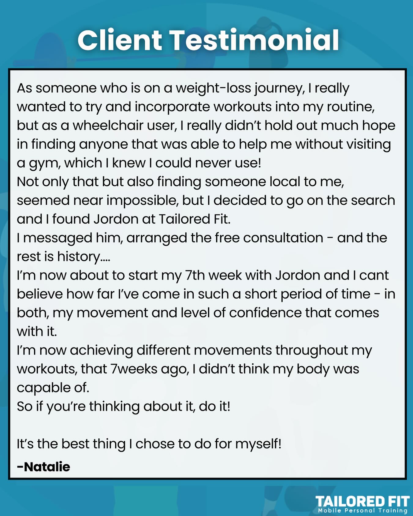 Natalie’s journey!
When I first met Natalie, she’d found herself stuck in a rut with her health — but she made that brave decision that things needed to change.
From day one, we took her cerebral palsy into consideration — not as a barrier, but as an opportunity to adapt, progress, and grow. Every session has been built around what is possible, focusing on movement, confidence, strength and fitness in ways that work for her.
Alongside her training, Natalie’s diet has also been adapted to her lifestyle, supporting her goals and giving her the energy, balance and structure to keep progressing. It’s now serving her, not holding her back — and it’s become a key part of her success so far.
Now, just 7 weeks in — training three times per week — the results have been outstanding. Natalie’s confidence, strength, fitness, and overall movement have all improved massively and she’s now performing movements she once thought were not possible.
Every week she shows up ready to push herself, adapt, and embrace new challenges. Watching her belief in herself grow alongside her physical progress has been truly inspiring.
Natalie’s journey is proof that with courage, consistency and the right approach, anything is possible.