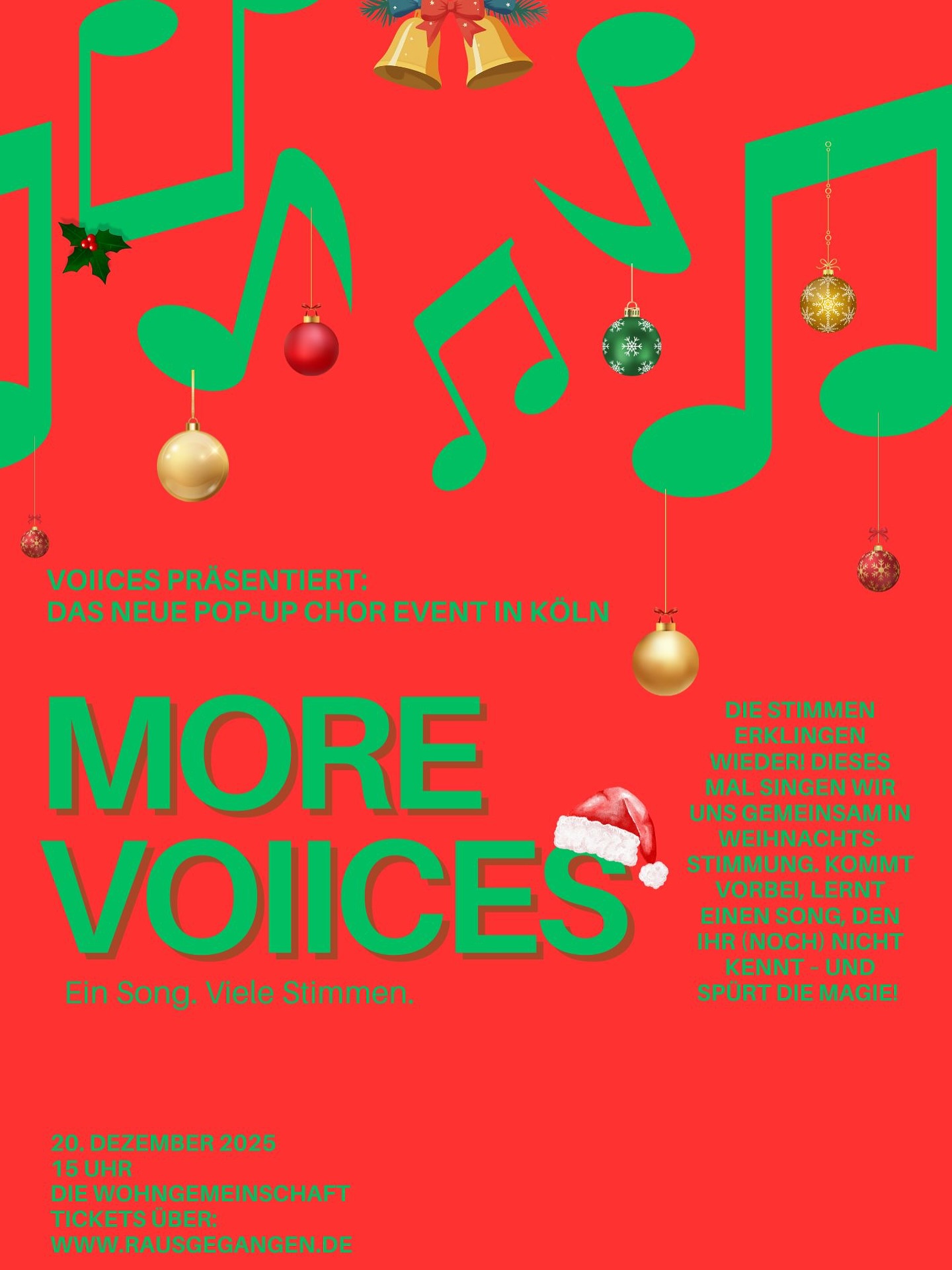 Ihr lieben Leute,
Wir freuen uns soooooo sehr!!
MORE VOIICES - aber dieses mal weihnachtlich.
Am 20. Dezember entlassen wir euch mit einem gemeinsamen Singen in die Feiertage. Es wird festlich und wir können uns jetzt schon kaum erwarten mit euch diese besondere und besinnliche Zeit im Jahr einzuläuten.
In der wunderschönen @die_wohngemeinschaft werden wir gemeinsam mit euch ein einzigartiger Weihnachtschor werden!
Dort haben wir zwei VOIICES uns 2012 kennen- und lieben gelernt! ❤️ Das ist also ein besonderer Ort für uns!
Wie immer sind ALLE Willkommen. Seid dabei. Sichert euch schon jetzt eure Tickets!
Wir freuen uns RIESIG darauf!
H & V
🎄🧑🎄
Ticketlink in der Bio! ☺️