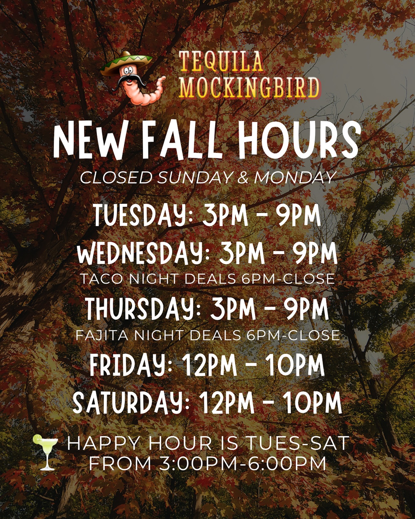 Fall is here in OCMD… which means our off-season hours are too! 🍂 We’re now closed Sundays & Mondays, and open Tuesday–Saturday for all your tacos, margs, and good times. 🌮💃