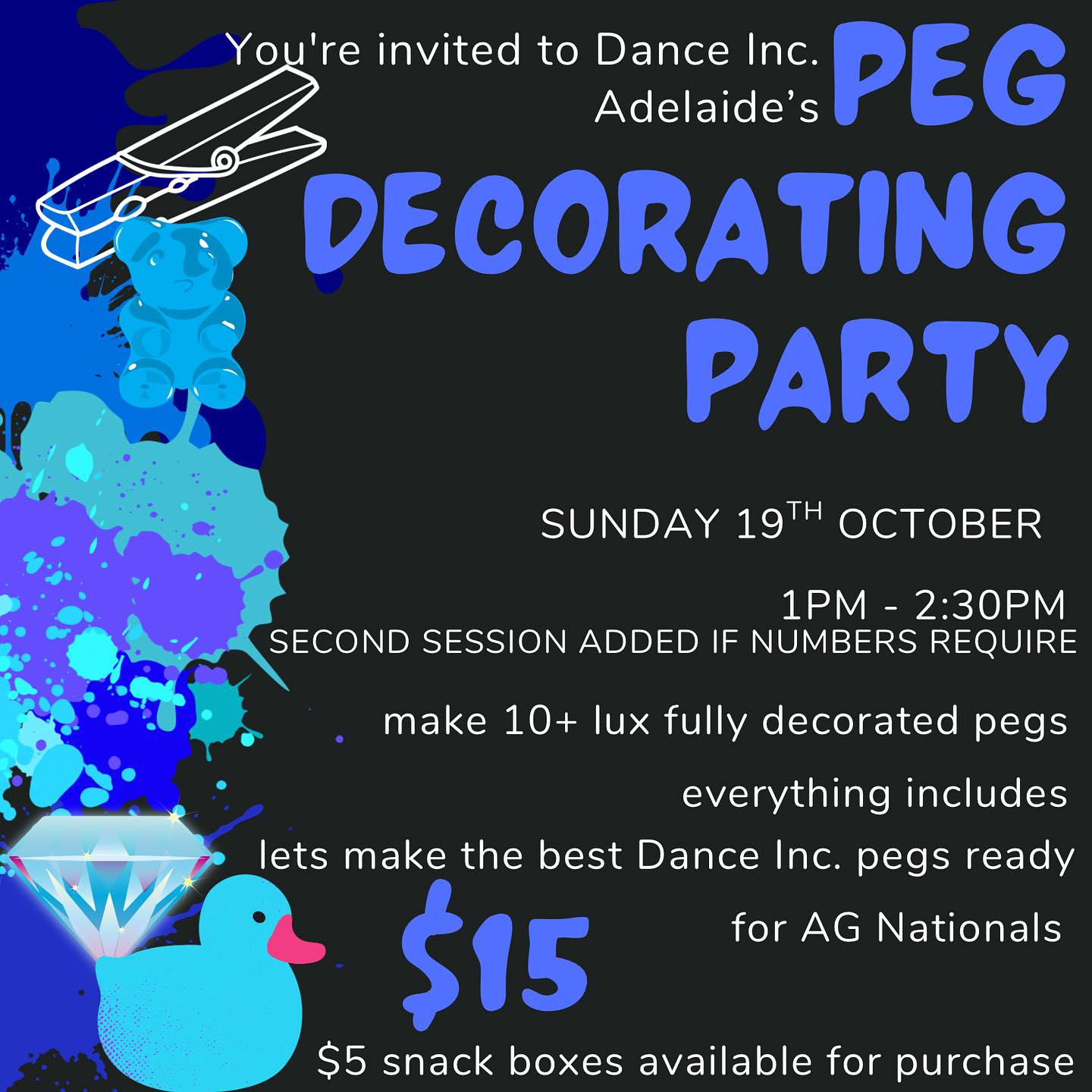 Don’t forget to book your tickets for Sunday! Come make spirit pegs with us 💙 https://www.danceincadelaide.com/event-details/peg-decorating-party