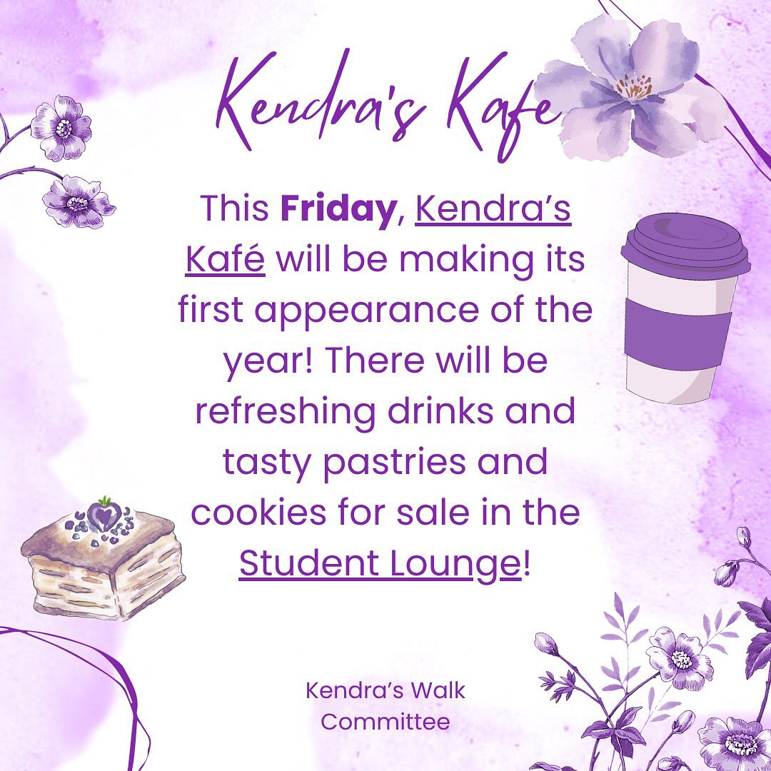 Hey Senior School!
Kendra’s Kafé will be open this upcoming Friday in the Student Lounge from 11:35-12:15!
Come and enjoy a variety of drinks and snacks with your friends 😋
We take cash, e-transfer and tap.
See you there! 💜