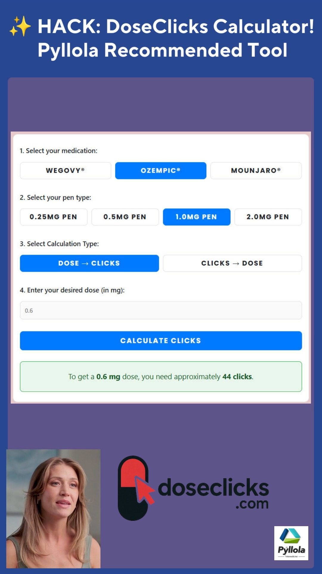 Clicks calculator for weight-loss injection
🚨 STOP GUESSING! Are you on Ozempic, Mounjaro, or Wegovy and need a specific partial dose? 💉 Figuring out the exact number of clicks-to-dose can be stressful and confusing, but it doesn't have to be.
The DoseClicks.com calculator gives you an instant, reliable answer for your Mounjaro, Wegovy, or Ozempic pen in seconds.
REMINDER: Consult your prescribing provider before making any adjustments to your medication. This video is for educational purposes only.
#Semaglutide #Tirzepatide #WeightLossInjection #OzempicDosing #DoseClicks
#DoseClicks #ClicksToDose #PenClicks #OzempicDose #MounjaroDose #WegovyDose #Semaglutide #Tirzepatide #GLP1 #GLP1Tips #WeightLossInjections