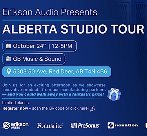 On October 24th, the Erikson Audio Studio Tour is coming to Red Deer! We’ll be in the studio testing out a variety of gear from top brands! Whether you have a professional studio, home studio or are a bedroom producer, this event is for you!