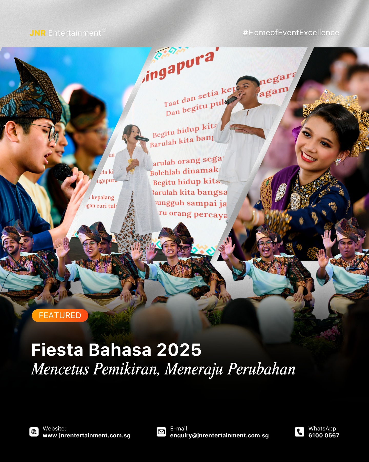 Honoured to have been part of Fiesta Bahasa 2025 — Mencetus Pemikiran, Meneraju Perubahan. 🇸🇬
A celebration of language, culture, and ideas that inspire transformation.
We’re proud to have supported this meaningful event, bringing together voices that shape communities and spark positive change. 💛
✉️ enquiry@jnrentertainment.com.sg
📱 61000 567
🔗 www.jnrentertainment.com.sg
#FiestaBahasa2025 #CommunityEvents #CulturalEvents #JNREntertainment #HomeOfEventExcellence #EventPartners #SingaporeEvents