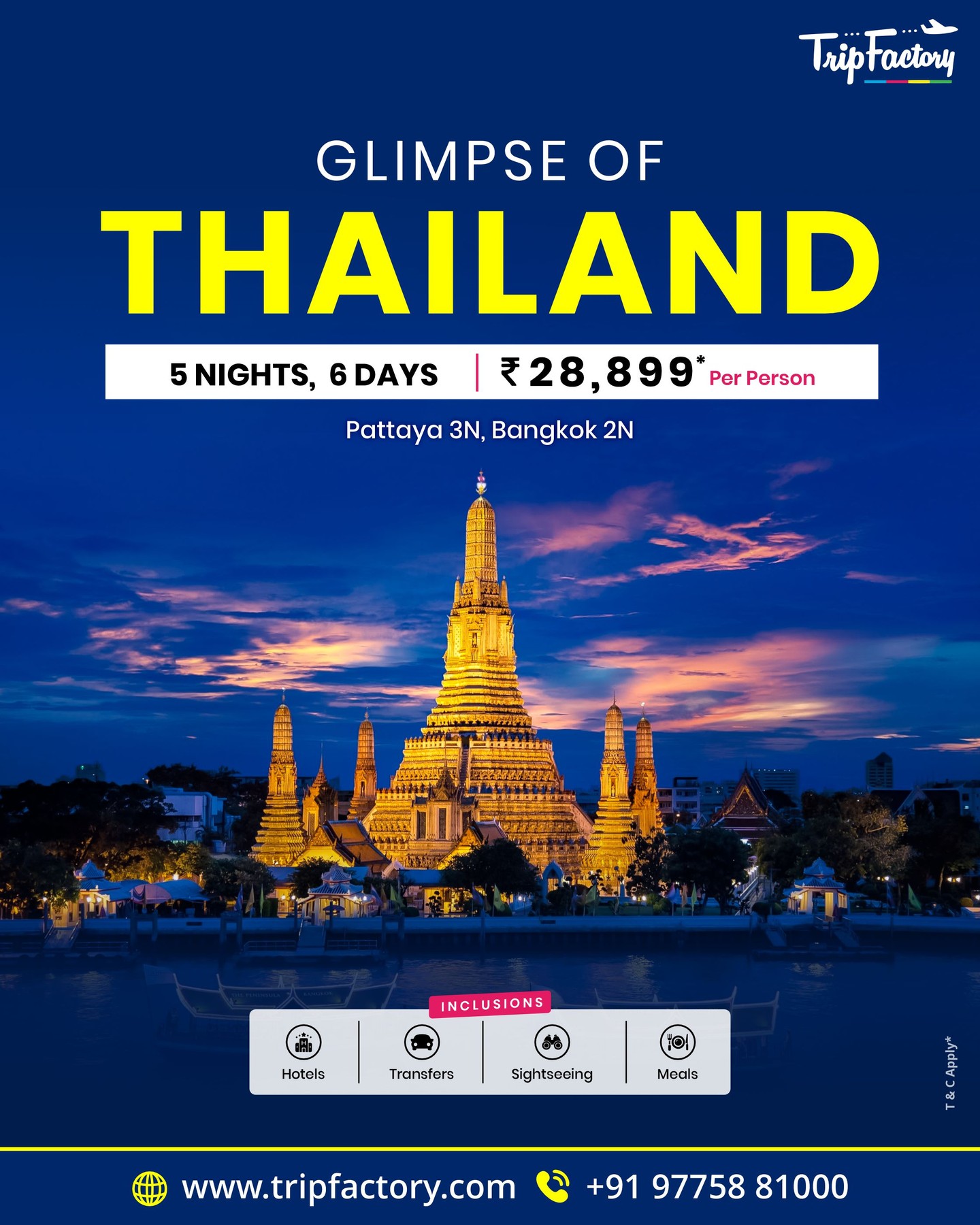 TripFactory Reviews: Reviews, Testimonials, Travelouge of Real Travelers 30 Get ready for tropical vibes and golden sunsets! 🌅
Experience the perfect 𝐆𝐥𝐢𝐦𝐩𝐬𝐞 𝐨𝐟 𝐓𝐡𝐚𝐢𝐥𝐚𝐧𝐝 — from the lively streets of Bangkok to the beaches of Pattaya.
𝟓 𝐍𝐢𝐠𝐡𝐭𝐬 | 𝟔 𝐃𝐚𝐲𝐬 @ ₹𝟐𝟖,𝟖𝟗𝟗* per person 🇹🇭
📞 Book now: +91 97758 81000
🌐 www.tripfactory.com
.
.
.
.
#TripFactory #GlimpseOfThailand #TravelGoals #ExploreThailand #TropicalEscape