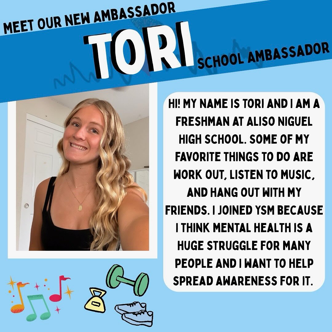 Join us in welcoming our newest Your Story Matters student ambassador! We are so excited to welcome Tori to the team!
What does an ambassador do? They help represent us on school campuses, and through volunteer work in the community. They help to promote positive mental health in all aspects of life. They work with our board to provide feedback to help improve our program.
Interested in joining the ambassador program? Send us a message!