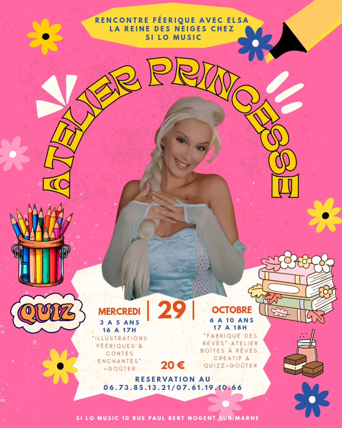 👑❄️ Atelier Princesse Elsa chez Si Lo Music ! @si_lo_music ❄️
Entrez dans un monde de magie et de créativité avec la reine des neiges 👸✨
🩵 De 16h à 17h :
👧 Pour les 3 à 5 ans —
Au programme : coloriages enchantés, histoires féeriques et un délicieux goûter en compagnie d’Elsa ❄️
💙 Pour les 6 à 10 ans — Atelier "Fabrique des Rêves"
Un moment créatif et magique où chaque enfant crée sa boîte à rêves 💭
On y glisse ses passions, ses rêves et ce qu’on aimerait devenir plus tard… avant de la sceller avec Elsa elle-même 🌟
Un atelier à la fois ludique, créatif et éducatif, où la féerie rencontre l’imaginaire et l’apprentissage 💫 suivi d'un quizz sur les meilleurs moments des aventures d' Elsa !
📍 Chez Si Lo Music 10 rue paul bert nogent sur marne
🕓 Mercredi 29 octobre 2025 de 16h à 17h et de 17h à 18h
🎟️ Places limitées — réservez vite votre moment magique ! ( billeterie de réservation sur le site/ Lien en bio)
#Elsa #AtelierEnfant #SiLoMusic #ReineDesNeiges #AtelierCréatif #AtelierPrincesse #MagieEtCréativité #ActivitéEnfant #MomentsMagiques #activiteenfants #activitemanuelleenfant #princesse #elsafrozen #lareinedesneiges #ateliersenfants #nogentsurmarne #atelierenfants #sortiefamille #princesse #gouter #gouterenfant #gouterenfamille #activiteenfants