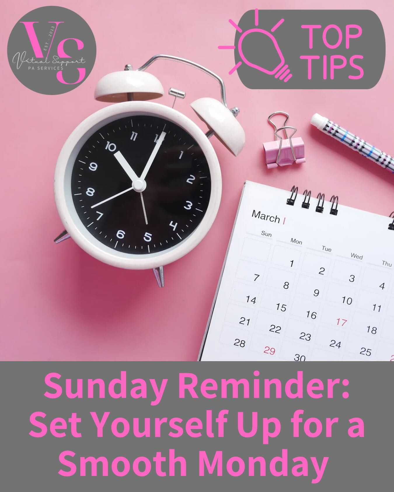 Before the new week begins, here’s your gentle reminder of what to do first thing Monday morning to start strong (and stress-free):
1️⃣ Check your calendar – know what’s coming so nothing catches you off guard.
2️⃣ Write your top 3 priorities – what really needs your focus this week?
3️⃣ Tidy your inbox – archive, delete, or flag what needs action.
4️⃣ Review ongoing projects – note any quick wins to build momentum.
5️⃣ Take five minutes for yourself – coffee, deep breath, reset. ☕
A clear plan on Monday morning sets the tone for a focused, productive week. ✨
#SundayReset #MondayMotivation #VirtualPA #SmallBusinessTips #Productivity #VirtualAssistantLife #MondayMindset