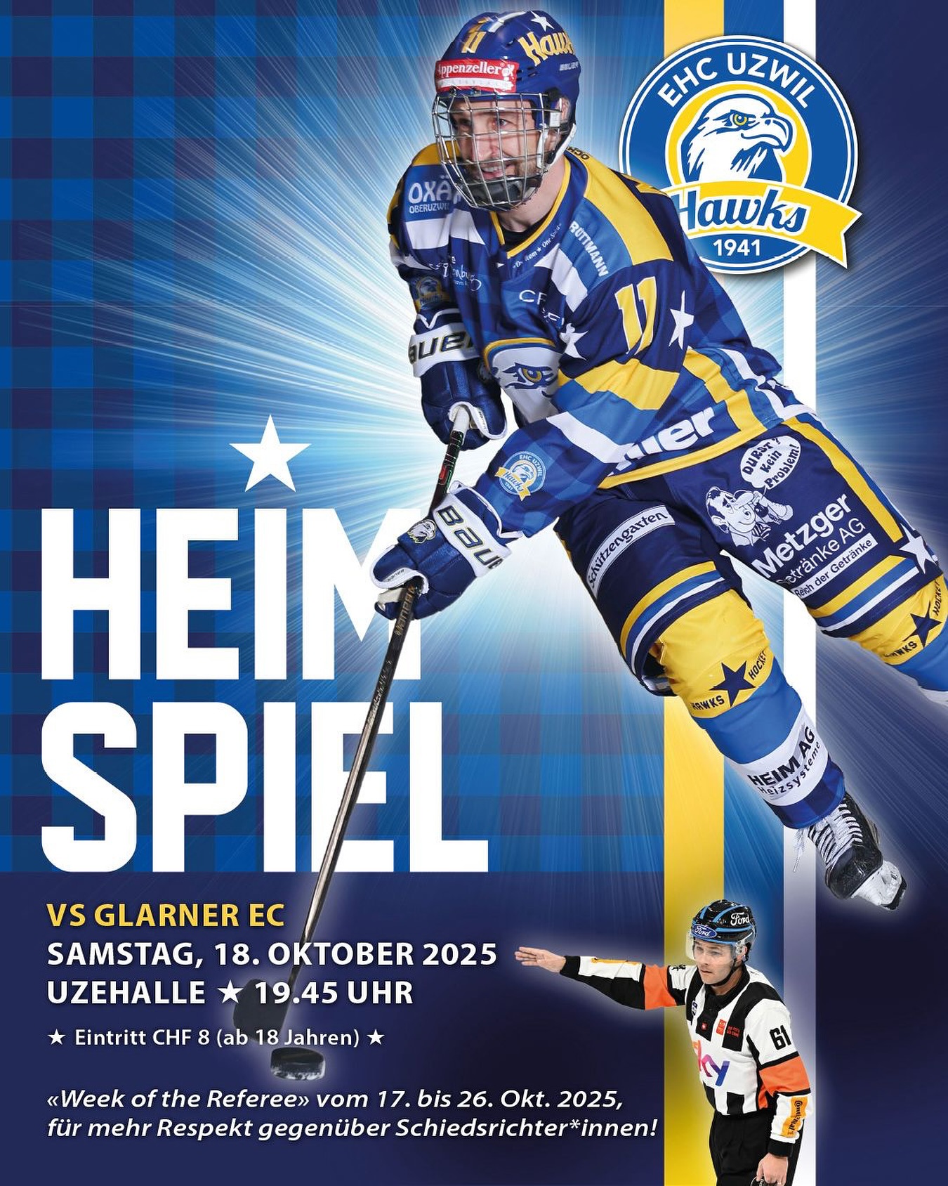 Am kommenden Samstag bestreiten wir gegen den Glarner EC unser nächstes Heimspiel. Wir möchten dann nicht „nur“ die nächsten drei Punkte einfahren, sondern uns gegenüber den letzten Spielen vor allem auch spielerisch wieder steigern! Wir freuen uns abermals auf eure Unterstützung und bedanken uns ganz herzlich für den tollen Support letzten Samstag in St. Gallen🫶
Vom Freitag, 17. bis und mit Sonntag, 26. Oktober 2025, steht zudem die Aktionswoche “Week of the Referee” an. Diverse Sportverbände wie die Swiss Ice Hockey Federation setzen sich für mehr Respekt und Fairness gegenüber Schiedsrichter*innen ein.
#ehcuzwil #ehcuzwilhawks #heimspiel #uzehalle #swissicehockey #WeekOfTheReferee #NoRefsNoGame