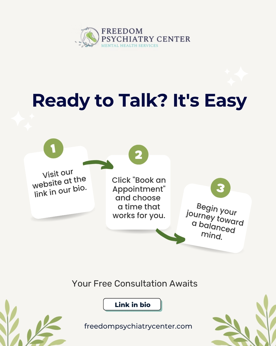 We believe getting help should be straightforward and stress-free. Our process is simple, confidential, and begins with a free consultation to ensure we're the right fit for you. Don't let uncertainty be a barrier to your well-being.
#FreeConsultation #MentalHealthHelp #TakeTheFirstStep #FreedomPsychiatry #ArizonaHealth #OnlineBooking #Psychiatrist #NewPatients
