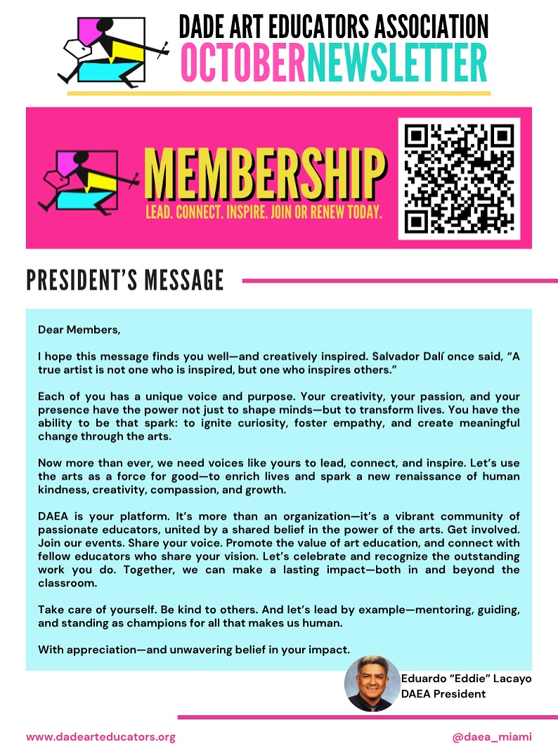 As you know membership drives every organization. We need YOU. Your voice. Your vision! Your values! Artists, Educators, Creatives join today! We are looking for Volunteers who want to make an IMPACT on education! Is that you?