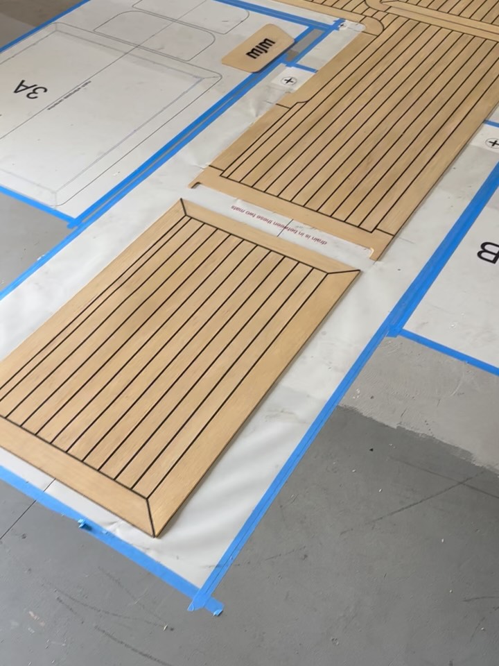 Flexiteek 3 bleached planks with black lines for MJM Model 38X. #yachtbuilder #yachtquality #yachtcruiser #yachtlife #ebersoldboatworks #manufacturing #boatbuilders #washingtonnc
