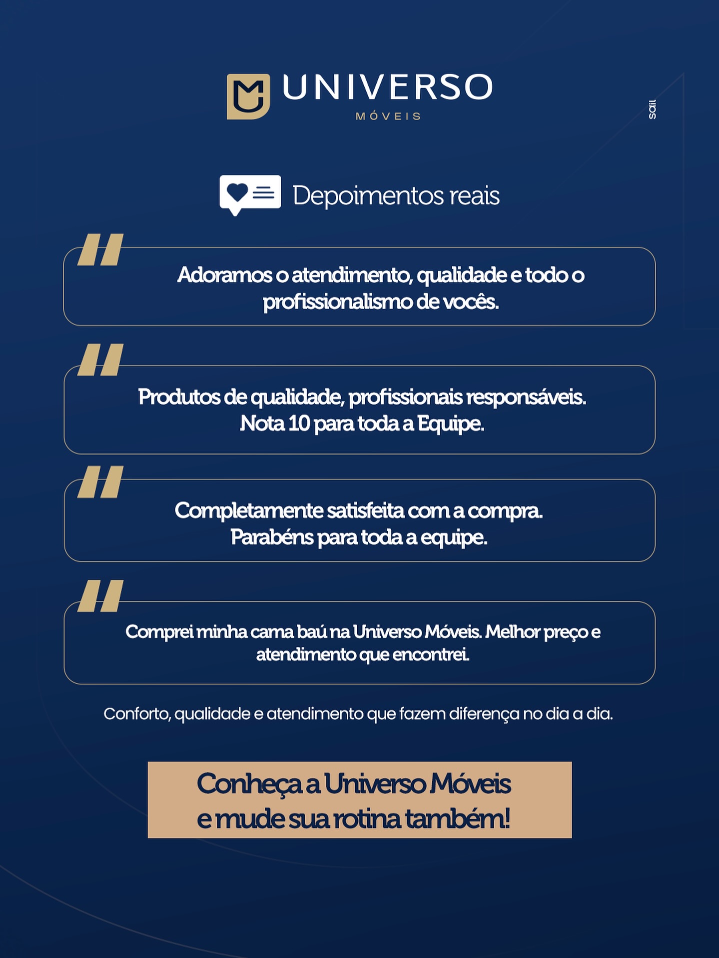 Nada fala melhor do que a experiência de quem vive o resultado todos os dias. 💬
Na Universo Móveis, a gente une curadoria, qualidade e montagem própria para você sentir a diferença na rotina. Teste os modelos e descubra a combinação ideal para a sua casa.
👉 Conheça a Universo Móveis e mude sua rotina também!
📍Rua Paraná, 3479 – Centro
📲 (45) 99818-7287
#UniversoMóveis #DepoimentoReal #Conforto #MontagemPrópria #ExperiênciaDoCliente #CascavelPR
