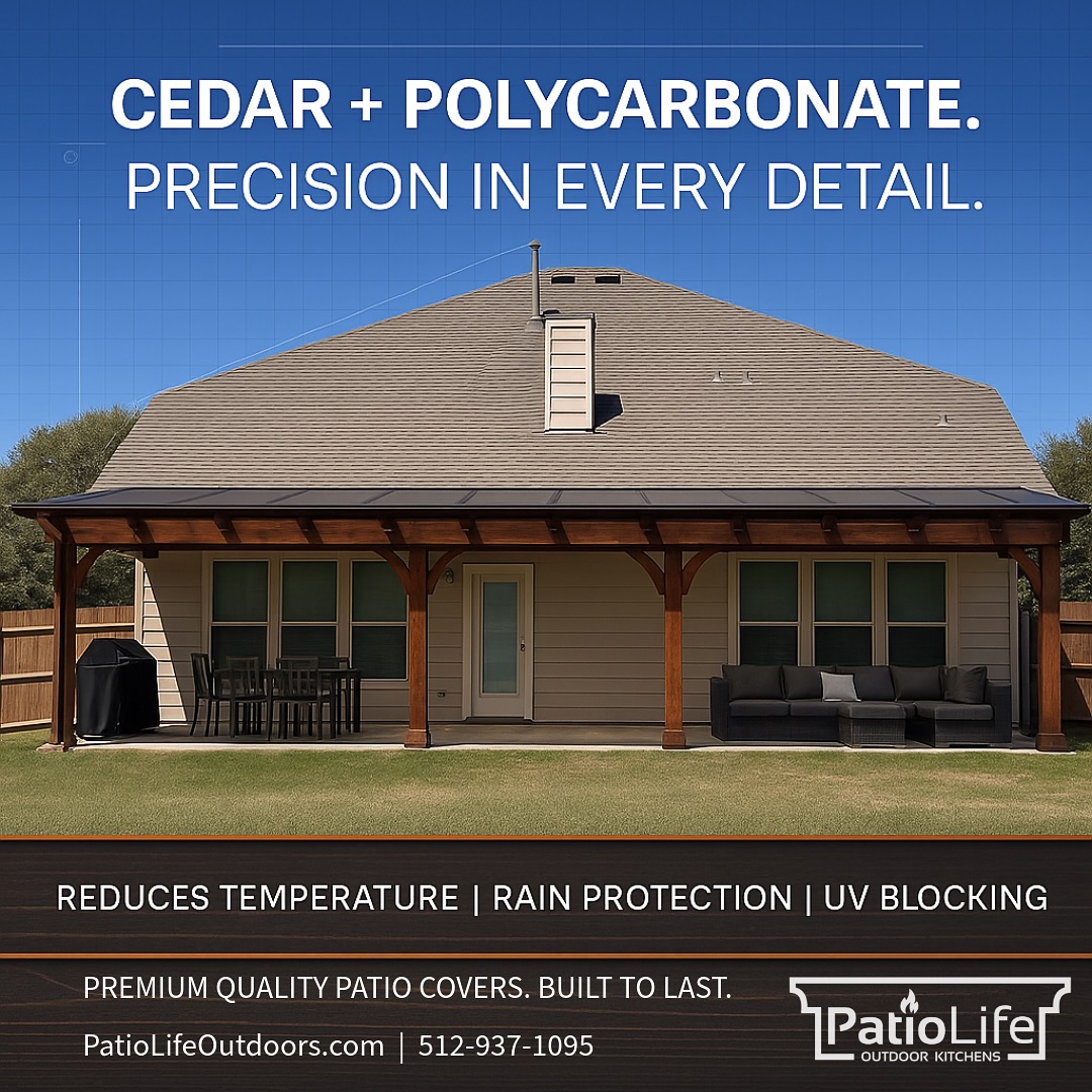 Stay cool, dry, and protected - all year long! ☀️💧❄️
our cedar + polycarbonate patio cover covers block, UV rays, reduce temperatures, and keep your patio ready, no matter the weather. Also dramatically extends the life of your patio furniture!
#patiolife #texasoutdoorliving #cedarpergola #pergola #patiocover #patiogoals