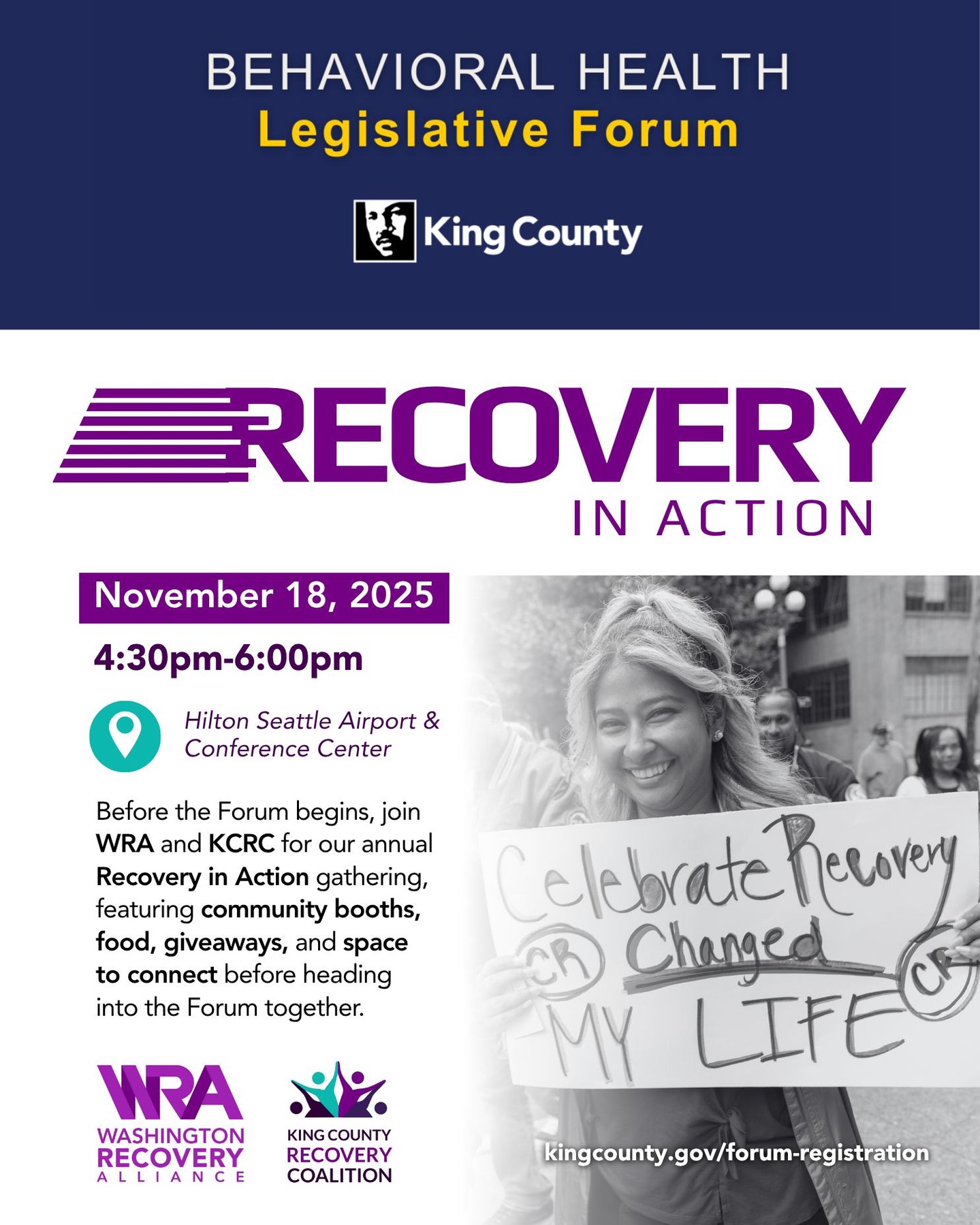 This is your chance to connect directly with lawmakers from across Washington State.
Recovery in Action is a powerful gathering where community members, providers, and partners come together to set the stage for the conversations that shape statewide behavioral health policy. Meet elected officials face-to-face, network with recovery leaders, and explore community booths—all just before the King County Behavioral Health Legislative Forum begins.
Recovery in Action: 4:30 PM
🏛 Legislative Forum: 6:00 PM
📍 Hilton Seattle Airport & Conference Ctr.
17620 International Blvd, Seattle, WA 98188
Don’t miss this opportunity to make your voice heard and help drive change at the state level.
Learn more and Register here: kcrecovery.org/event-details/recovery-in-action