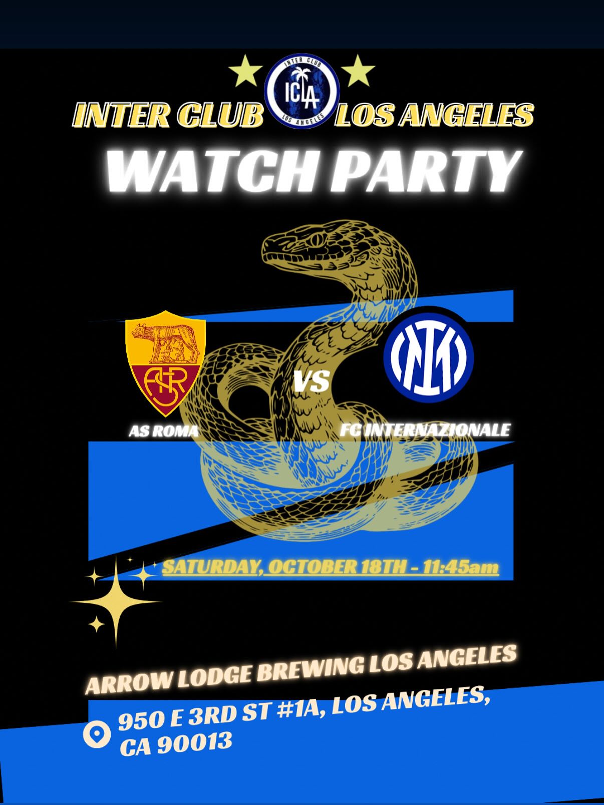 Good morning Interisti!
AS Roma - FC Internazionale
Saturday, October 18th - 11:45am
Will be hosted at the Arrow Lodge Brewing Los Angeles:
950 E 3rd St #1A, Los Angeles, CA 90013
AVANTI INTER ⚫️🔵
#inter #interclublosangeles #fcinternazionalemilano #fcinternazionale #curvanordmilano #intermilanfc n #fcinter #inter #intermilan #cuoreneroazzurro🖤💙 #fcim