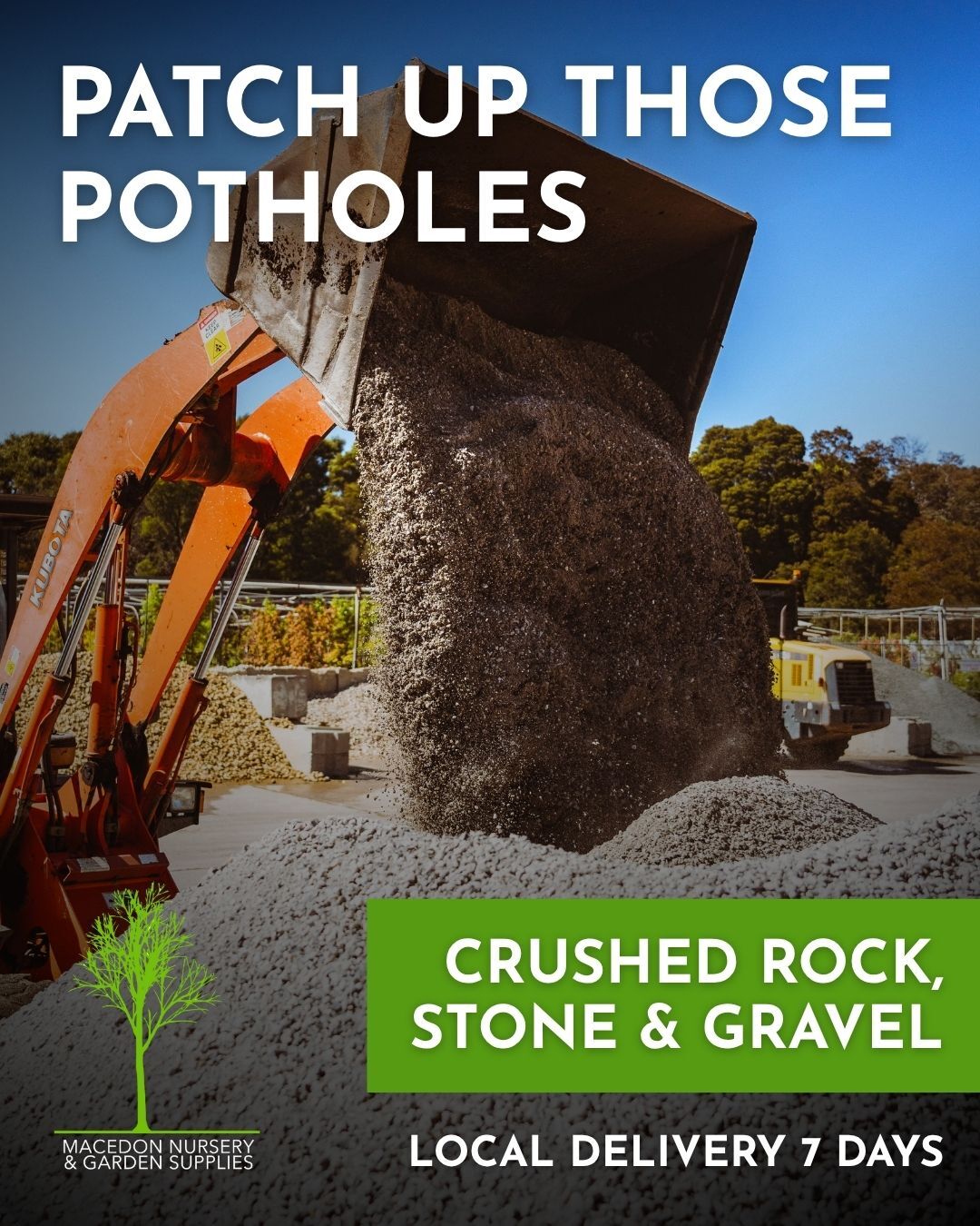 Keep your driveway and access tracks in shape with quality crushed rock, stone and gravel.
Available for local delivery 7 days a week.
.
.
.
.
.
#macedonnursery #macedongardensupplies #macedonrangesgardens #macedon #macedonranges #mountmacedon #woodend #gisborne #melbournegardens #macedonrangesnaturallycool #visitvictoria #crushedrock #landscapesupplies #gravel #drivewaymaintenance #localgardencentre