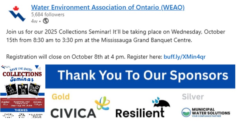 The WEAO Collections Seminar kicks off tomorrow!
Resilient is proud to be a gold sponsor and presenter at this year’s event. Don’t miss Will McIntyre from Resilient Consulting and Raminder Samra from the Region of Peel as they share key insights and lessons learned from the Region’s Downspout Disconnection Program - one of the key components of the Region’s innovative Dragonfly Program, which focuses on managing wet weather flow across both stormwater and wastewater systems.
We’re looking forward to connecting with everyone there!