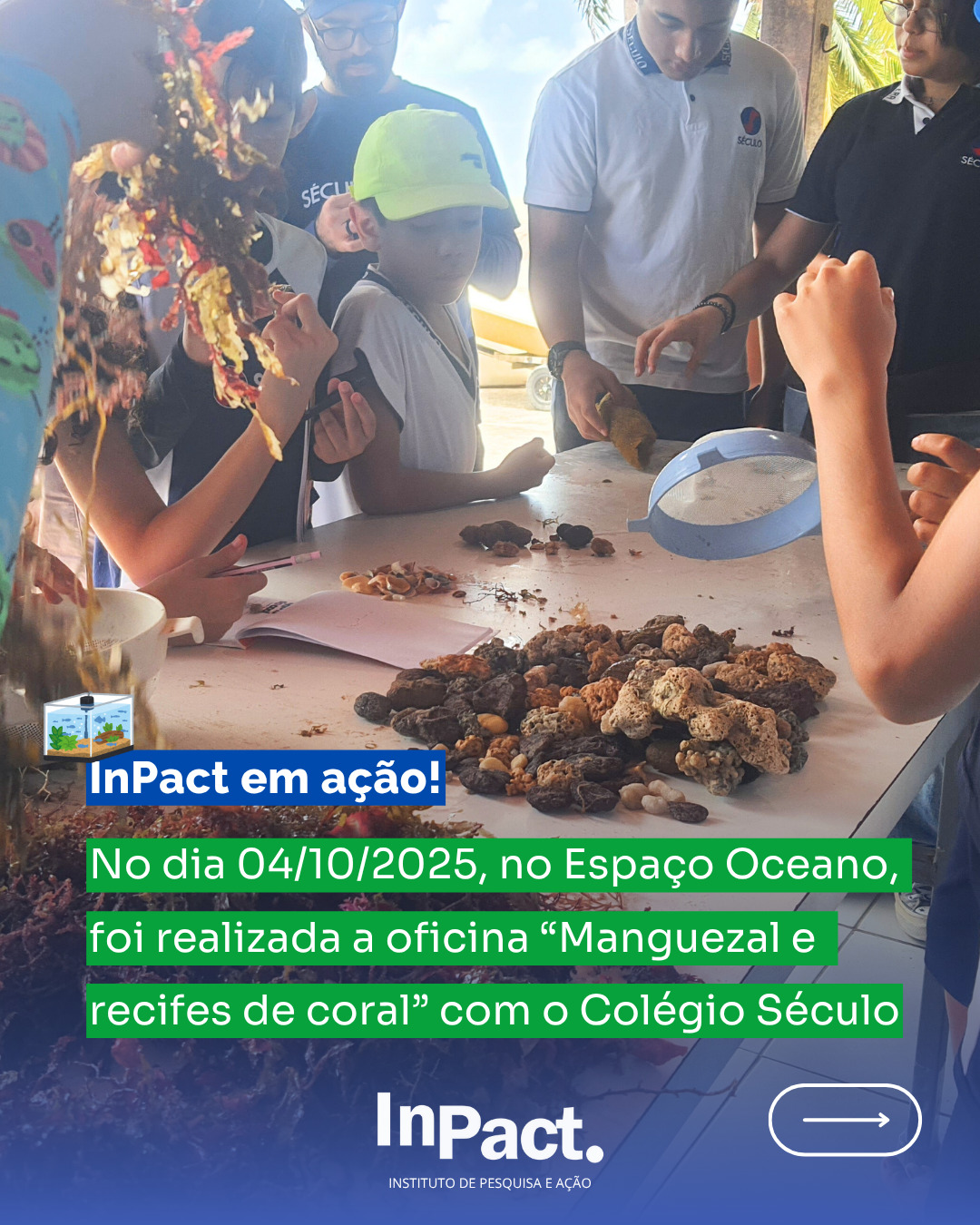 Oficina Manguezal e Recifes de Corais no Espaço Oceano com o Colégio Século na Praia do Seixas 🌊🏝️
Os alunos fizeram uma trilha até a desembocadura do Rio do Cabelo o🚶♀️, coletaram água, resíduos e organismos; triaram amostras em campo e apresentaram resultados 📊🗣️; ao final montaram um aquário educativo com elementos do mangue e do mar 🪸🐟
Atividade preparatória para as Olimpíadas do Oceano, voltada para ciência prática, conservação e trabalho em equipe 🤝🔬.
Todas as coletas foram realizadas por equipe autorizada para fins educativos, seguindo protocolos que minimizam impactos e garantem o bem-estar das espécies.
Resultado: maior consciência ambiental, desenvolvimento de habilidades científicas, respeito à biodiversidade, senso de pertencimento, colaboração e protagonismo frente às mudanças climáticas 🌍💚
#OlimpíadasDoOceano #EspaçoOceano #ColégioSéculo #Manguezal #RecifesDeCoral #PraiaDoSeixas #CiênciaNaPrática #Conservação #EducaçãoAmbiental #AçãoPeloClima