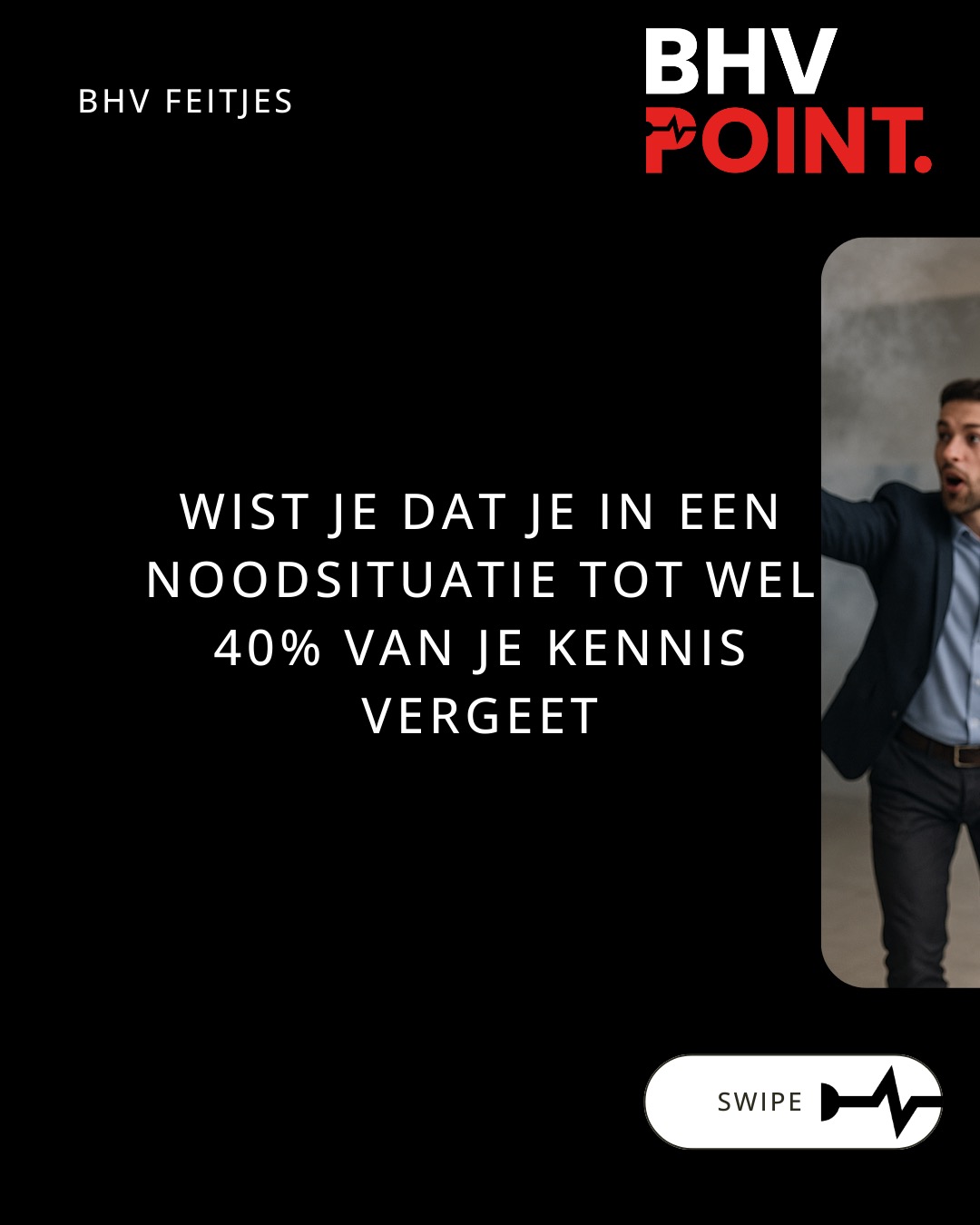 Stress & geheugen
Wist je dat je in een noodsituatie tot wel 40% van je kennis vergeet?
Stel je voor: je hebt net een cursus gevolgd en weet alle stappen. Maar zodra er rook of paniek is... floept bijna de helft weg.
Daarom is oefenen zó belangrijk.
Net als fietsen, je hoeft er nooit meer over na te denken, omdat je het 🚲
honderd keer hebt gedaan.
Blijf oefenen, zodat je in het heetst van de strijd niet hoeft te denken, maar automatisch doet.
#veiligheid #safetyfirst #bedrijfshulpverlening #BHV #ehbo #veiligheidsbewustzijn #bedrijfsveiligheid #veiligewerk #noodsituaties #levensreddendhandelen #praktijkgerichteopleiding #eerstehulp #AED #ontruimingsoefening #veiligheidsopleiding #hulpverleners #teamwork #BHVpoint #TeamBHVpoint #BHVpointTraining #putten #Veluwe #Ermelo #Harderwijk #nijkerk