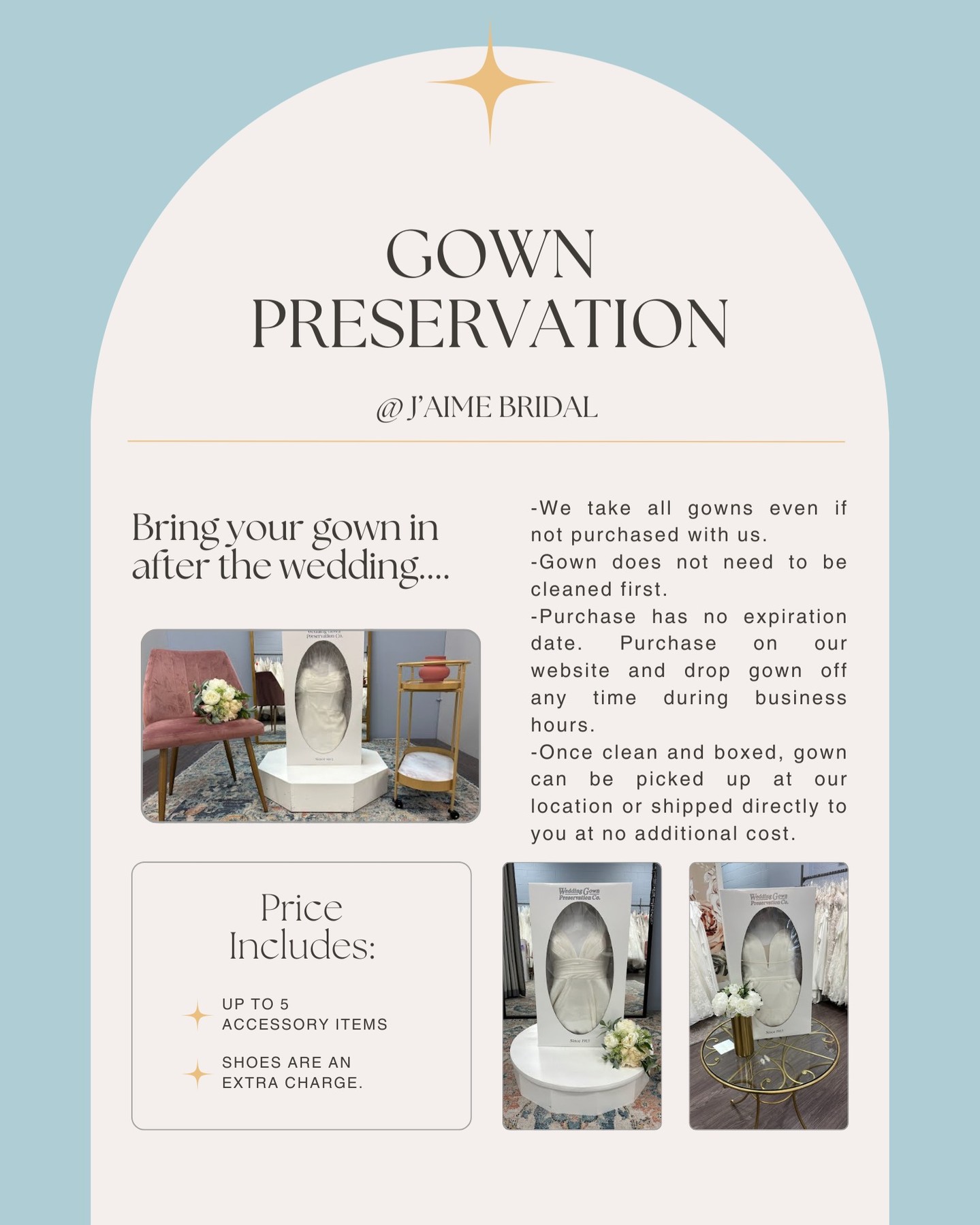 Did you know that you can bring your gown to us after the wedding to be cleaned and preserved? We will take any dress, even if not purchased with us. Remember us after your big day and make the memories of your dream dress last for years to come! #wedding #weddingdress #weddingdresspreservation #weddingdresspreservationcompany