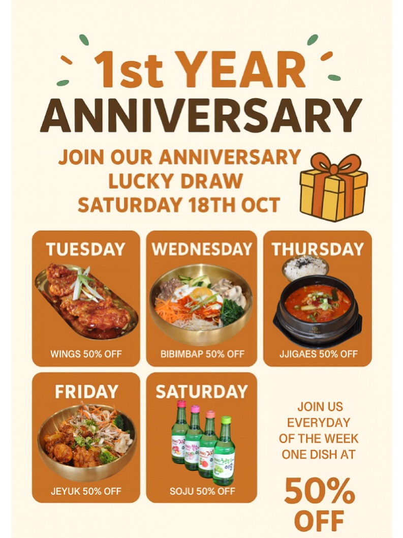 🎉 It’s almost our 1st Anniversary! 🎉
Next week we’re celebrating big — every day we’ll have a different dish at 50% OFF!
Join us from Tuesday to Saturday for a week full of flavour, fun, and surprises 💥
📍Oh My Kimchi, Exeter
💛 Don’t miss our Lucky Draw on Saturday — every ticket wins a prize!
#OhMyKimchi #KoreanFood #ExeterEats #AnniversaryWeek #50off #KFood #KoreanRestaurant